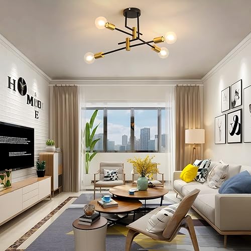 Miniatura 7 de DELIPOP Sputnik - Lámpara de techo Sputnik moderna de 4 luces negras y doradas, lámpara de techo E26 de metal industrial semiempotrada para