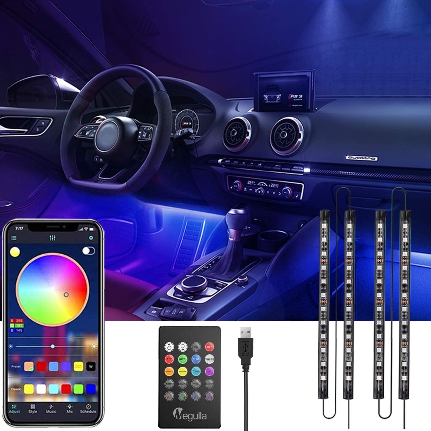 MegullaCar Interior Lights, Music Sync Bluetooth App Controlled 5v Car RGB Light Strip, 16 Million Colors 4pcs Multi Color Car LED Strip Lights, Remote Control Under Dash Lighting Kit