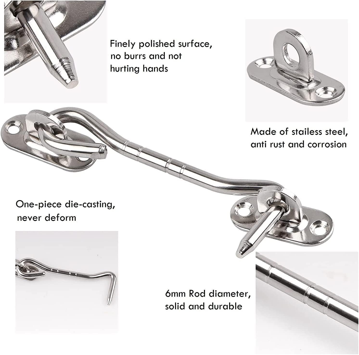 Hook and Eye Latch Gate Bolt Lock,2 PCS Stainless Steel Cabin and Heavy Duty Door for Wooden Gates Window Brace Catch Holder Button(8 INCH)