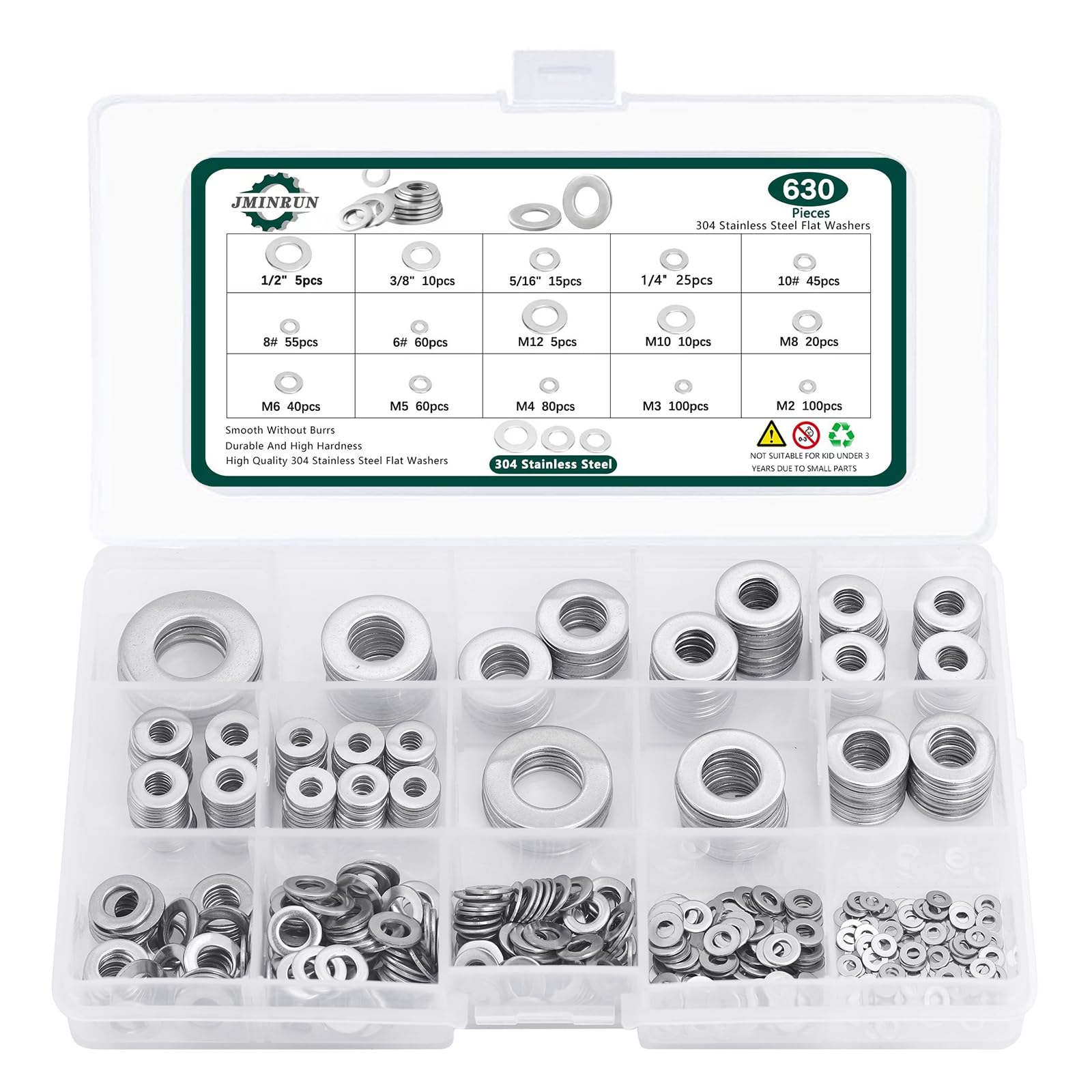 304 Stainless Steel Flat Washers Assortment Set - 630 Pcs SAE+Metric 15 Sizes Washers for Screws & Bolts (M2-M12, 6#-1/2)