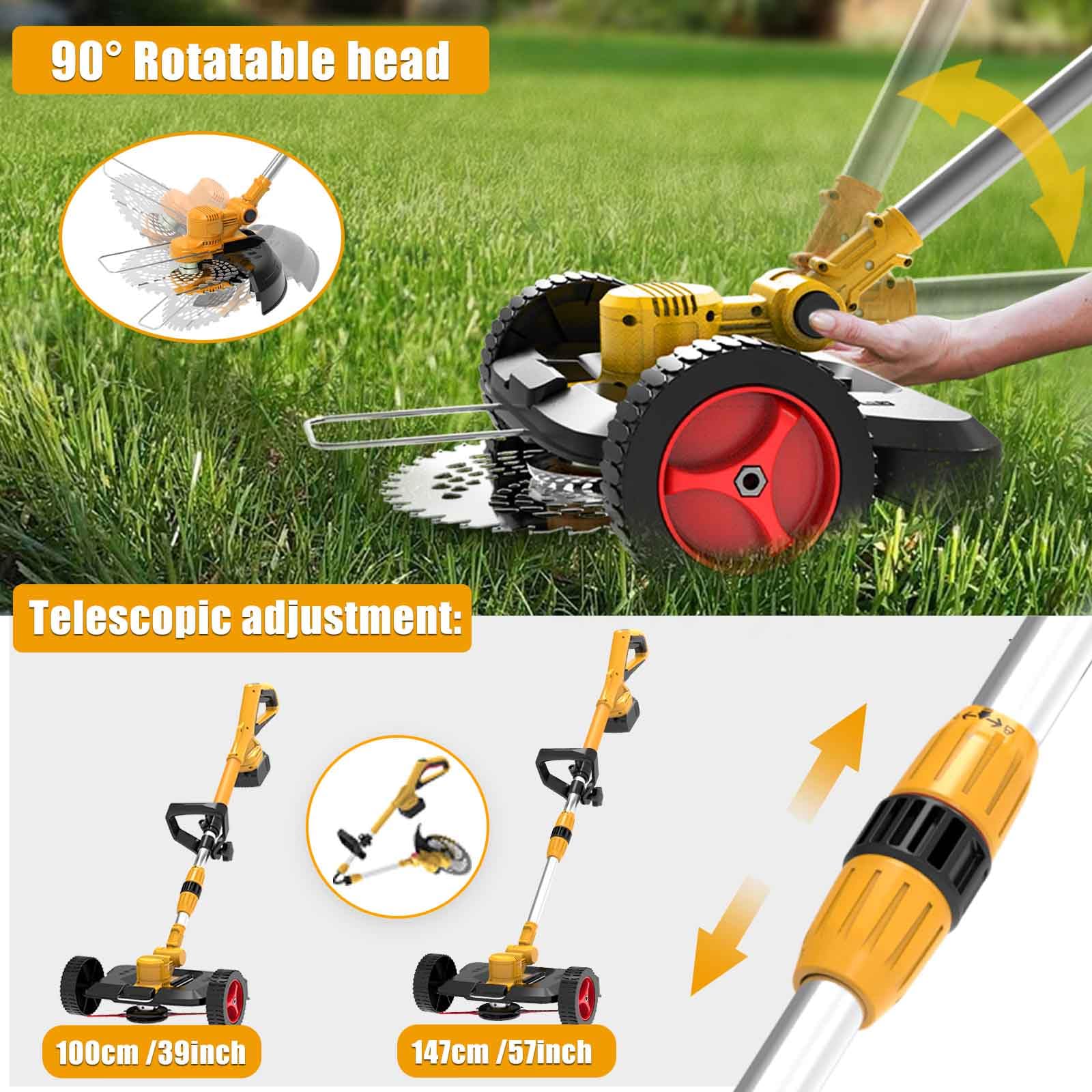 Rasentrimmer mit Akku und Unkrautbürste, Akku Rasentrimmer für Makita-Akkus mit 4 Klingentypen und 2 x 4.0Ah Bürstenlose Freischneider Akku für Garden Trimmen (Gelb)