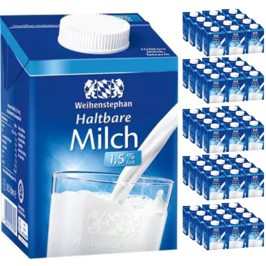 Weihenstephan Milch fettarme H-Milch 1,5% Fett, je 0,5 Liter, 60 Stück mit Pufai Grocery