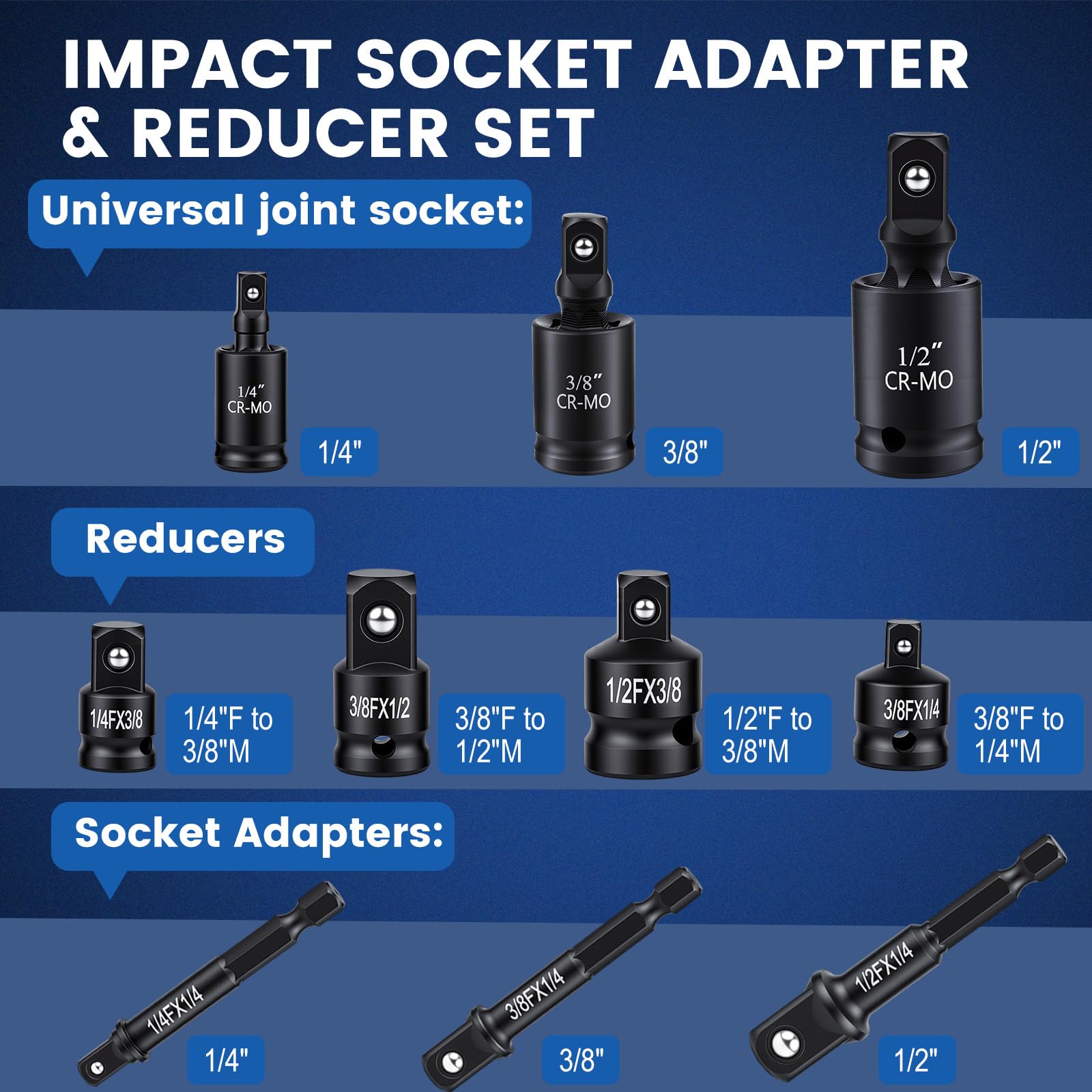 Lot de 10 adaptateurs de douille à choc 1/4", 3/8", 1/2", douille articulée universelle, adaptateur de perceuse et réducteur pour réparation automobile et bricolage