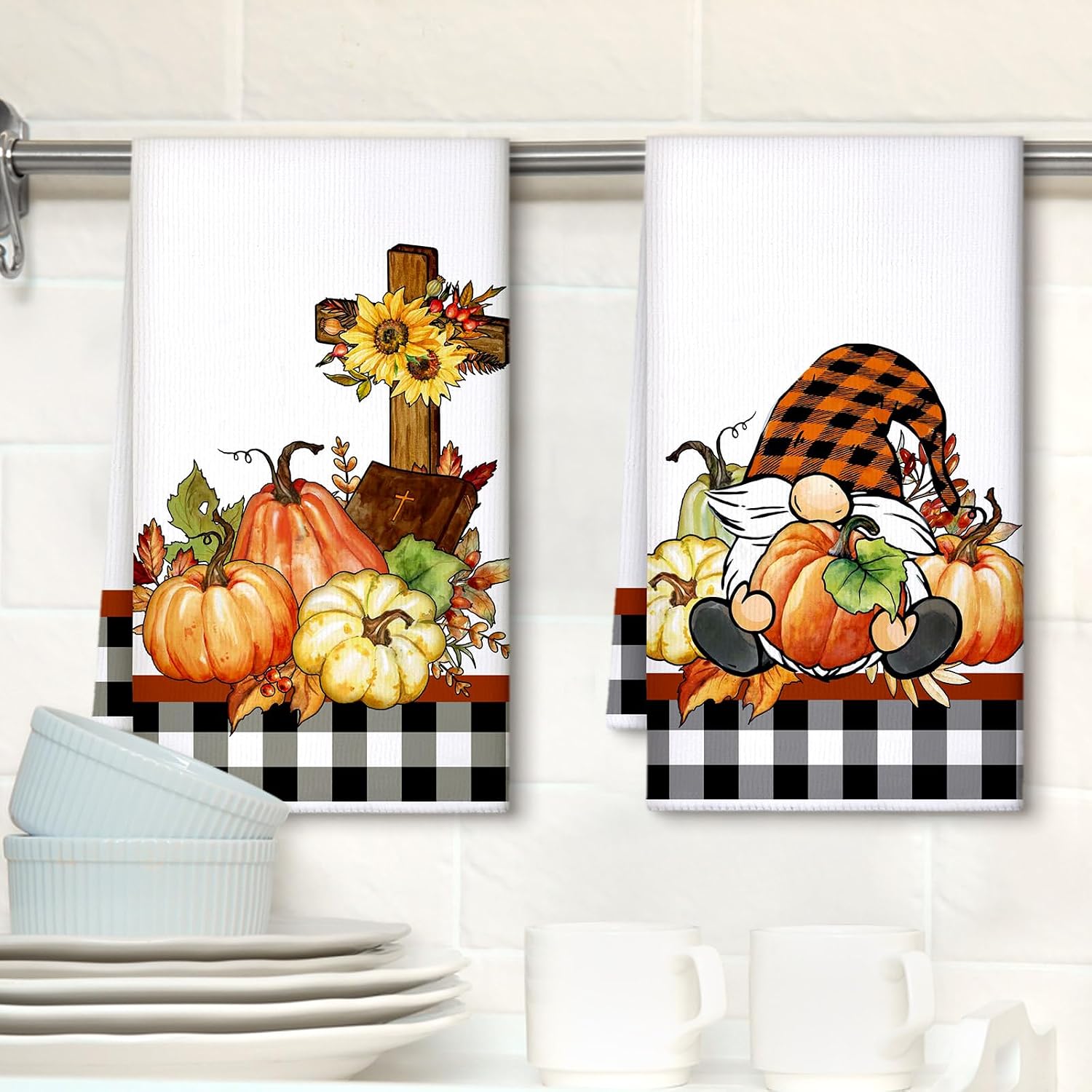 Geyoga Set of 6 Fall Kitchen Towels Autumn Dish Towels Vintage Gnomes Towel image 4