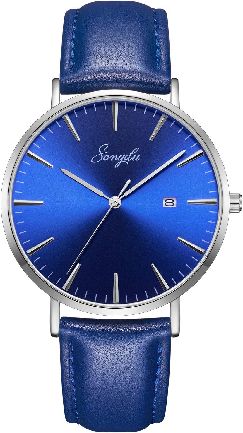 SONGDU Men's Ultra-Thin Quartz Analog Date Wrist Watch with Black Leather Strap
