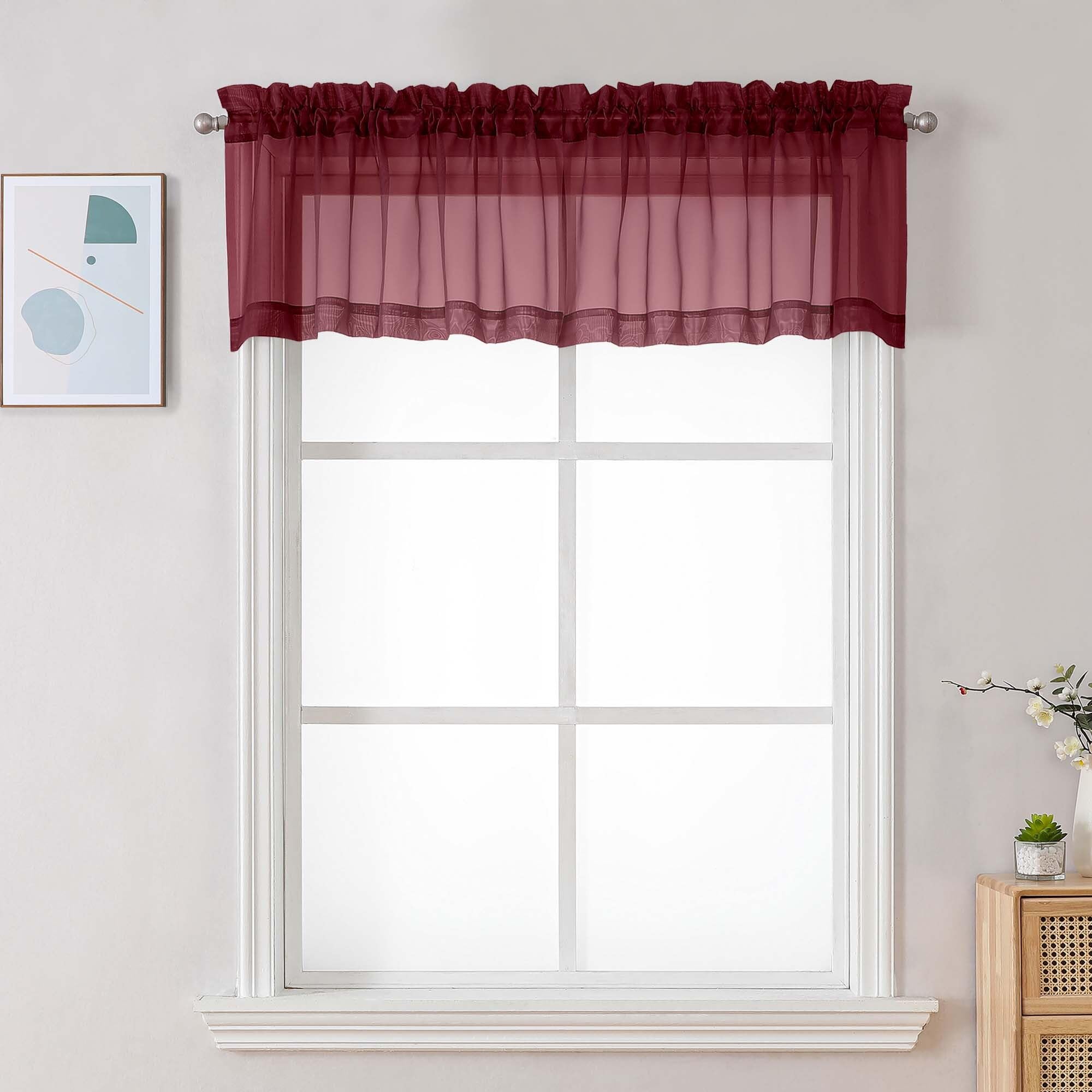 Chyhomenyc Burgundy Sheer Valances for Windows - Light Filtering Small Kitchen Curtains, Rod Pocket Short Top Window Treatment Decor for Living Room Bathroom Basement, 42Wx16L inches, 2 Panels
