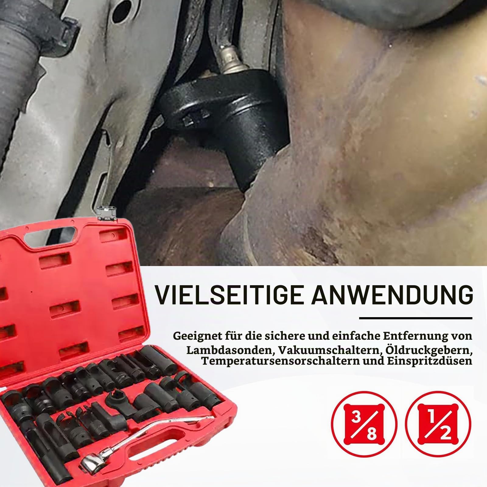 FreeTec 21tlg Lambdasonden Schlüssel Set, 22mm Lambdasonden Nuss, 1/2" 3/8" Lambdasonde Werkzeug Steckschlüssel Nüsse Set for Demontage Lambda Nox Sonde Auto