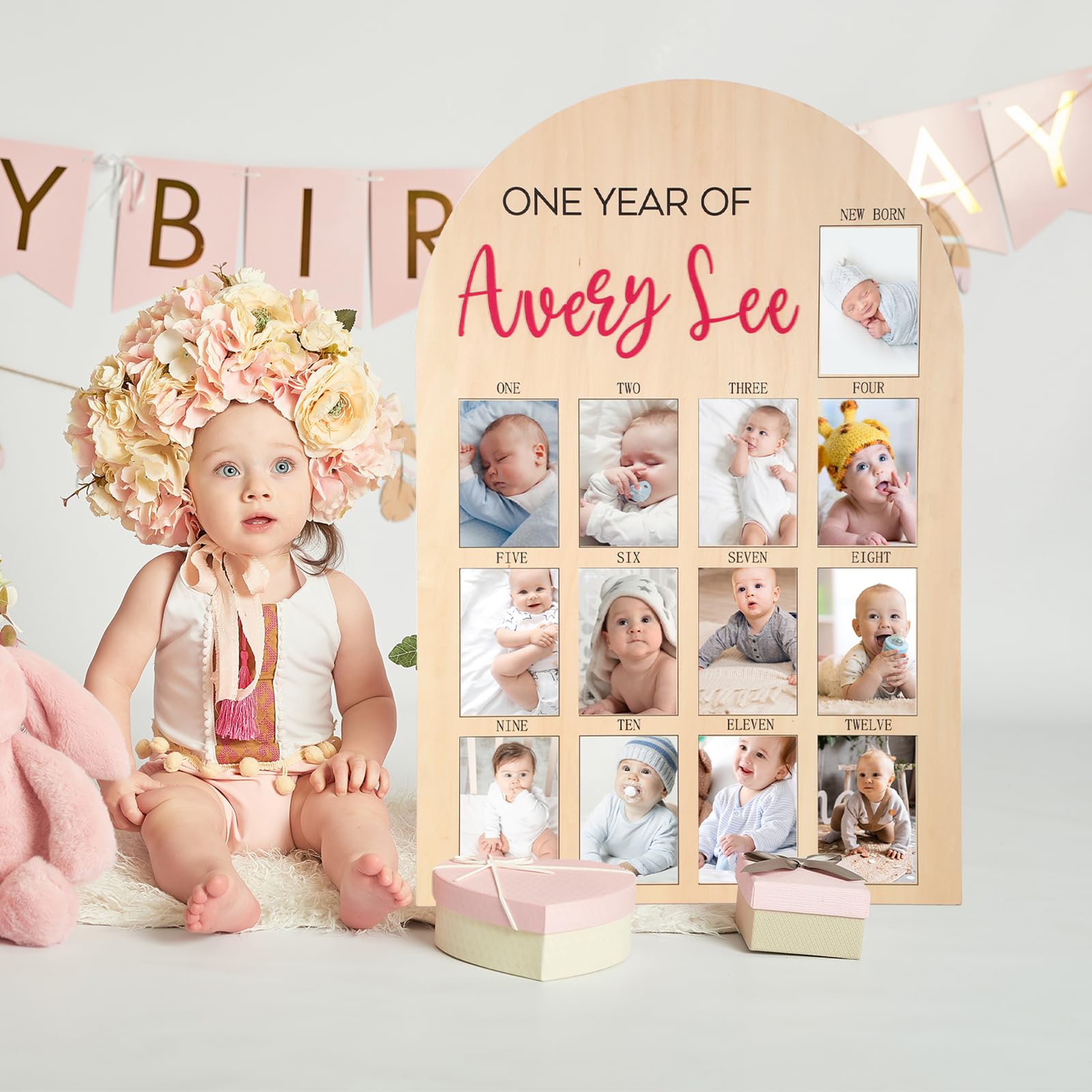Leinuosen Tablica na zdjęcia z napisem "My First Year", ramka na zdjęcia 12 miesięcy, z filcowymi literami DIY, imieniem, dekoracje na 1. urodziny, prezenty dla chłopca, dziewczynki, noworodka