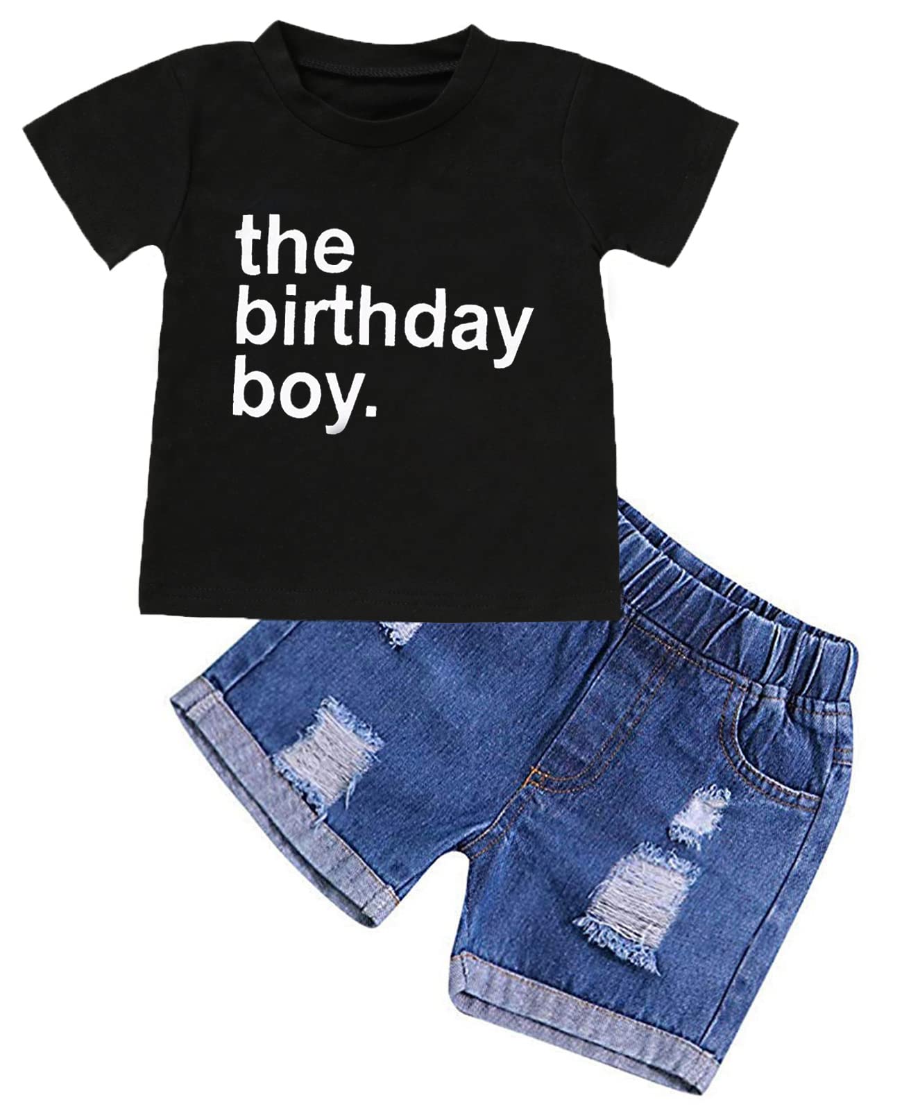 The Birthday Boy Clothes Baby Boy Short Sleeve Letter Print Shirt Denim Short Pants Cake Smash Outfit Set