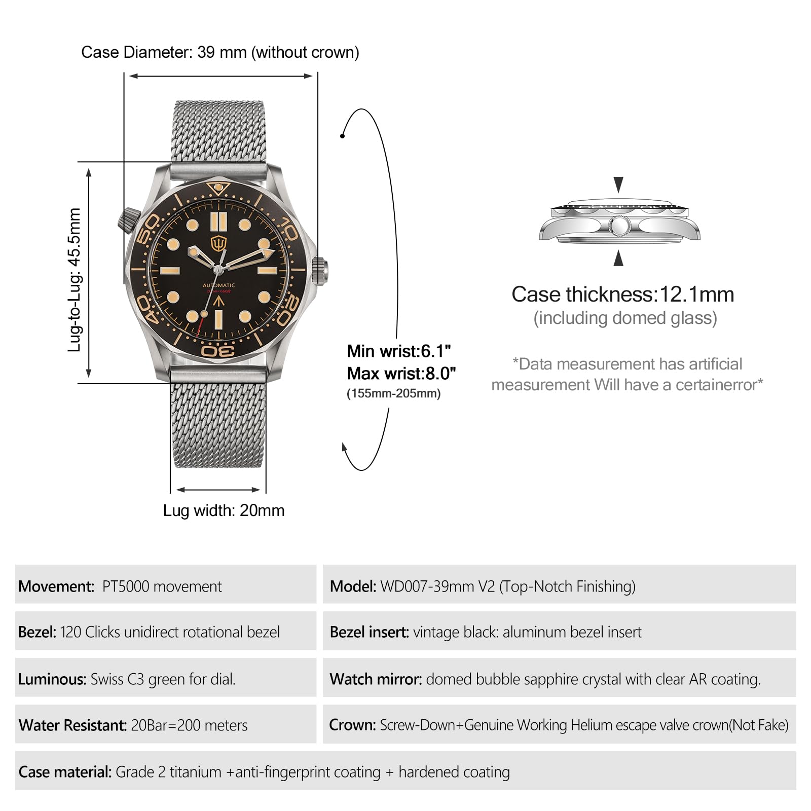watchdives WD007 Automatyczny zegarek do nurkowania, tytanowy, męski, mechanizm mechaniczny, wysokiej częstotliwości, PT5000, klasa 2, tytanowa koperta, szafirowe szkło, wodoodporny do 200 m, BGW9