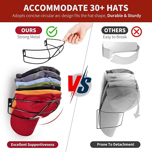 Miniatura 4 de Livelab Soporte de pared para sombreros, paquete de 2 organizador de sombreros de metal para gorras de béisbol, soporte para gorras de