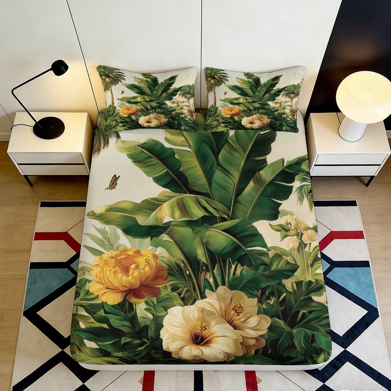 3D Printed Tropical Banana Leaf Fitted Sheet Microfiber Floral Mattress Cover for Bedroom Dorm Decor Protection 90x200x25cm