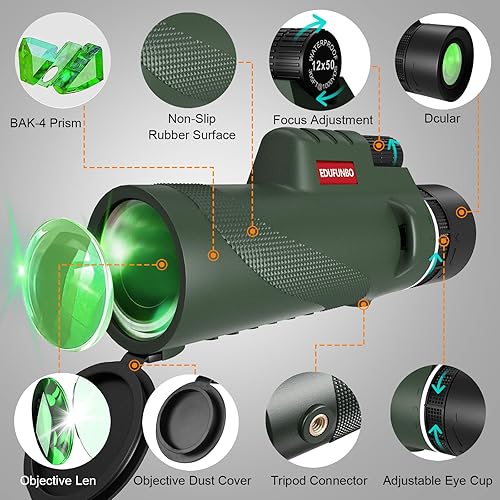 Miniatura 6 de EDUFUNBO - Telescopio monocular de 12 x 50 para teléfono inteligente, adaptador de trípode, correa de mano, ligero, de alta potencia, prisma BAK-4 y