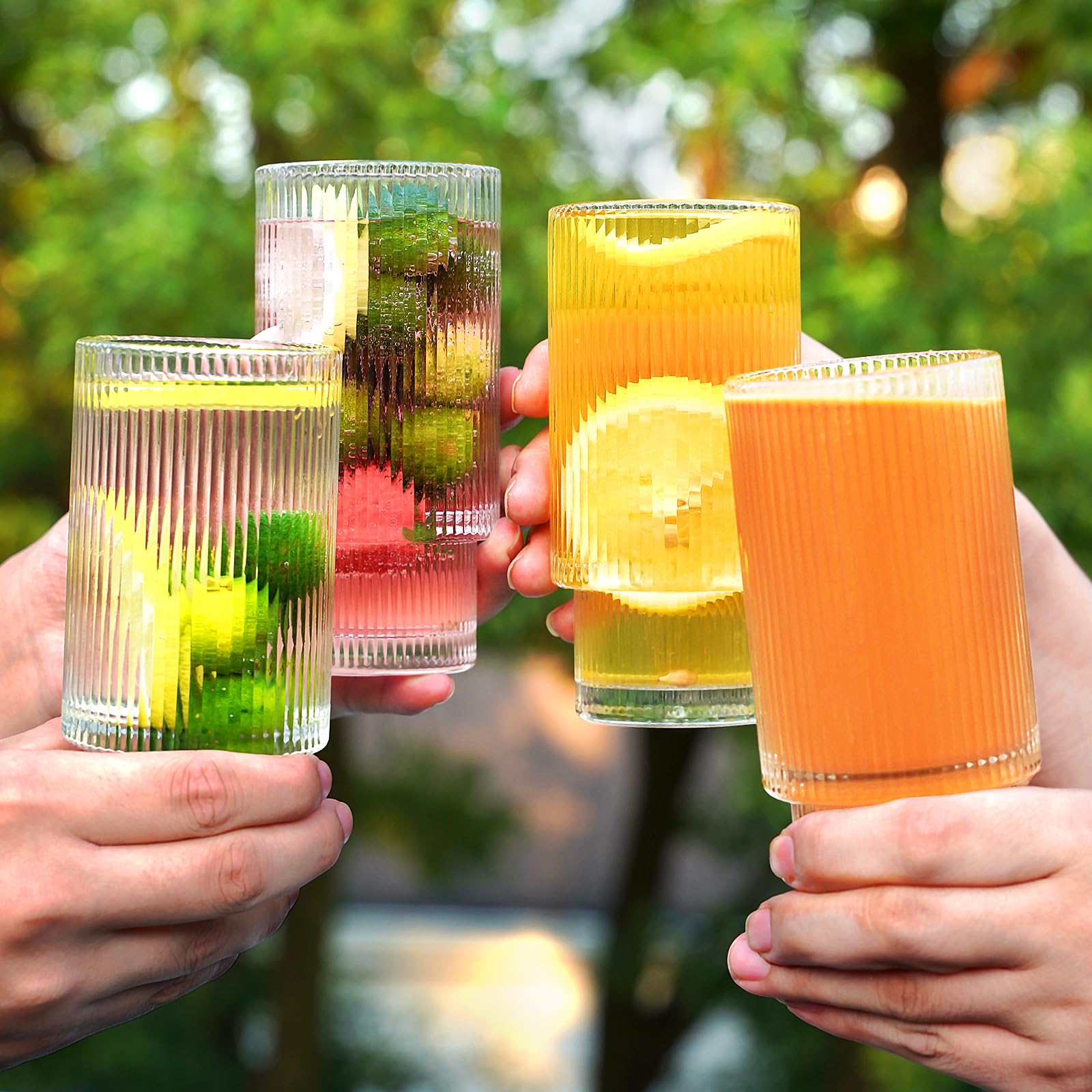 megarte Ribbed Glassware Drinking Glasses - Set of 12 Vintage Cute Cocktail Cups - 6 Pcs Ripple Rluted Aesthetic Drinkware 11 oz & 6 Pcs House Essentials Glass 6 oz for Coffee Drink Beer