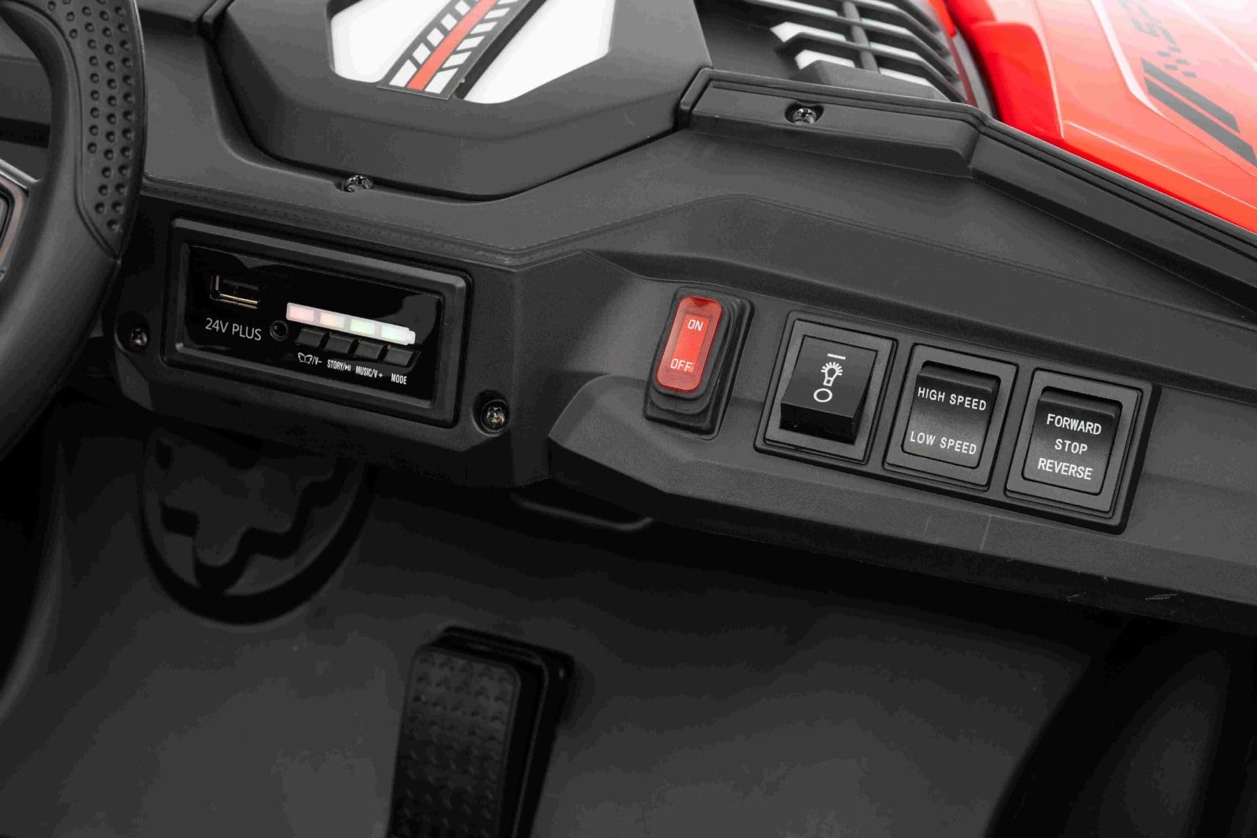 T-REX Ride 4x4 elektryczny samochód dla dzieci, 24 V, czerwony, odtwarzacz MP3 z wejściem USB/AUX, 4 x 4, akumulator litowy, zawieszenie, pilot zdalnego sterowania, oświetlenie LED