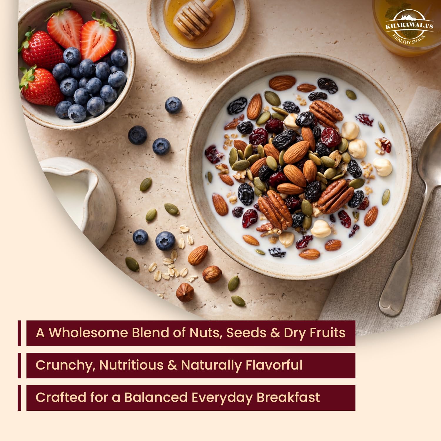 KHARAWALA'S Breakfast Mix - Pack of 2 (200gm Eac) | Fusion of Roasted Pumkin Seed, Almonds, Pecan Nuts, Hazelnut, Cranberry & Black raisins 1