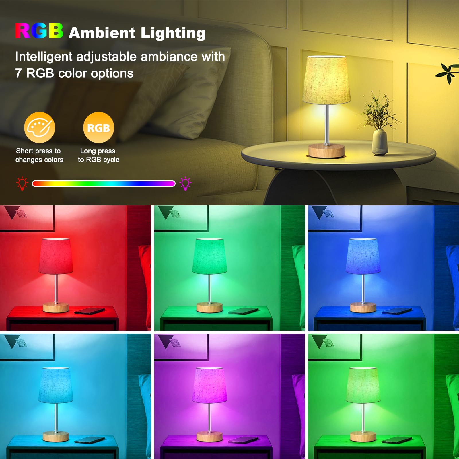 Wowag Piccola lampada da tavolo senza fili, 5000 mAh, ricaricabile a batteria, 3 colori e 7 RGB dimmerabile, luce notturna portatile da comodino per patio, ristorante, casa, base in legno, paralume in