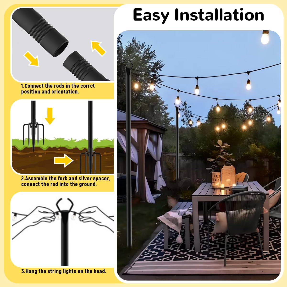 Paquete de 4 postes de luces para exteriores, 9.7 pies, soporte de poste de luz para exteriores con tenedor, postes de metal resistentes para cadena al aire libre, postes de luz resistentes a la