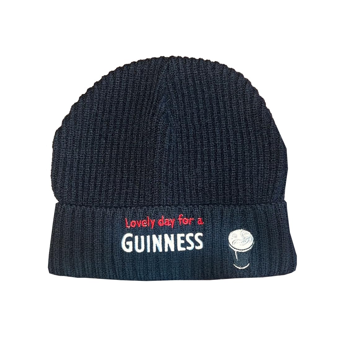Traditional Craft Limited Unisex Black Guinness Smiling Pint Embroidered Ribbed Beanie Hat