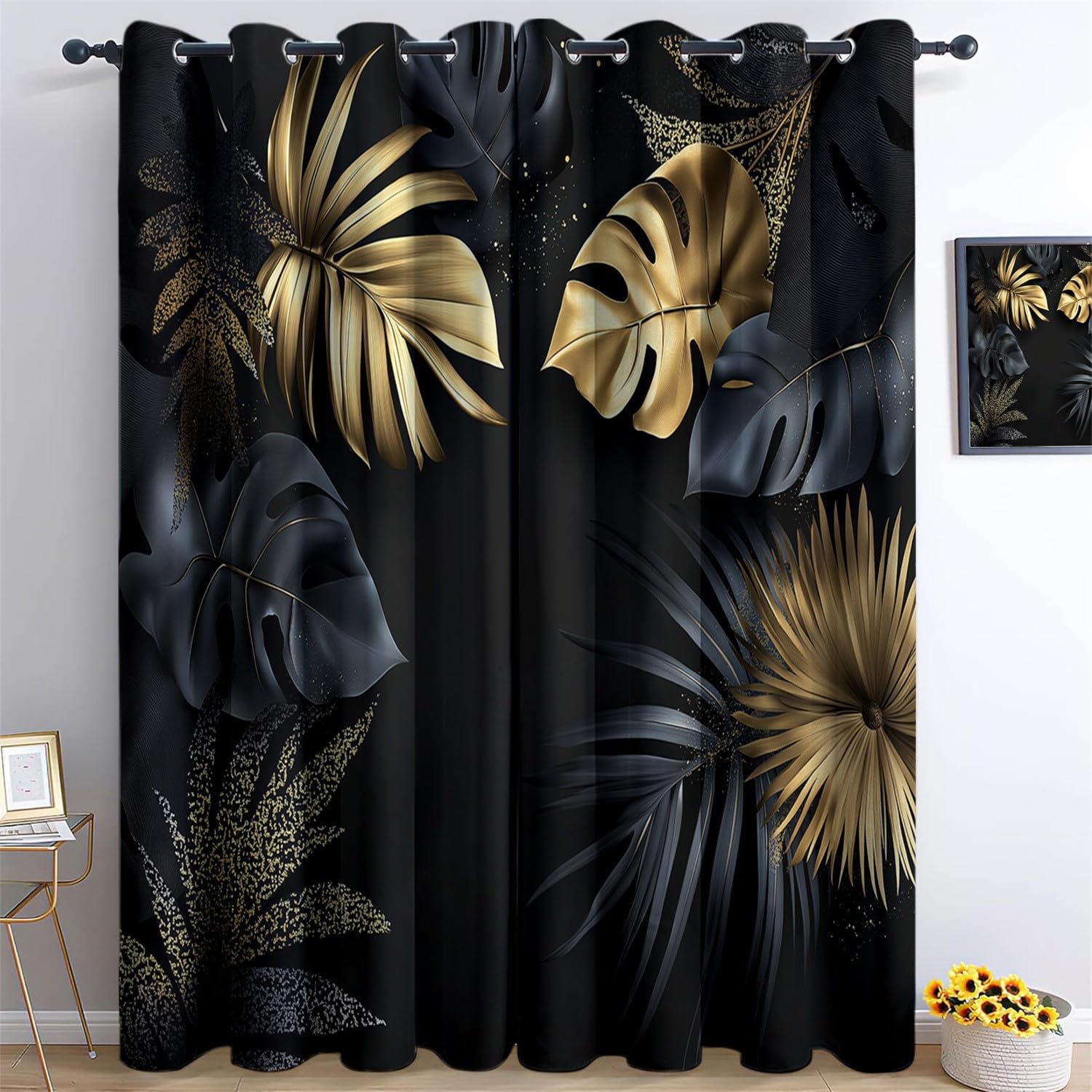 Rideau Occultant 3D Impression Feuilles Tropicales Modernes Et Élégantes Rideaux Salon Isolant Anti Froid Polyester 91.5L X 214H cm (2 Panneaux) Rideaux De pour Chambre Cuisine Décoration Noir Or