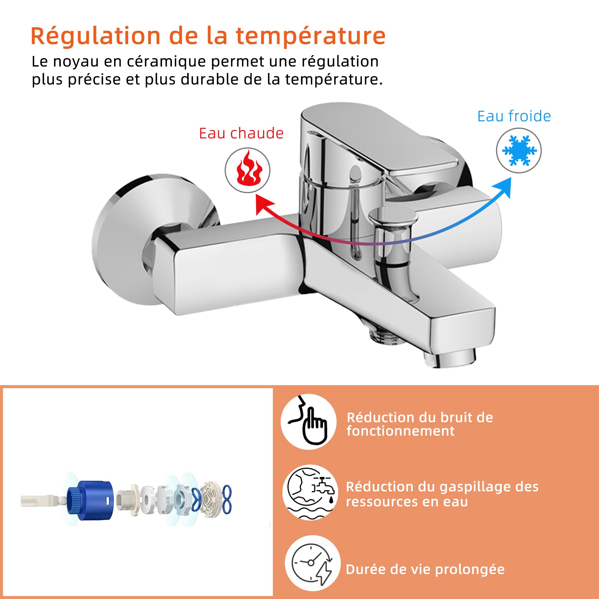BELZ Mitigeur Baignoire Pomme Douche Inverseur Automatique Laiton Massif | Laiton massif·inverseur bain/douche·valve de retour·pomme douche·raccord S·monocommande·brossé·robuste