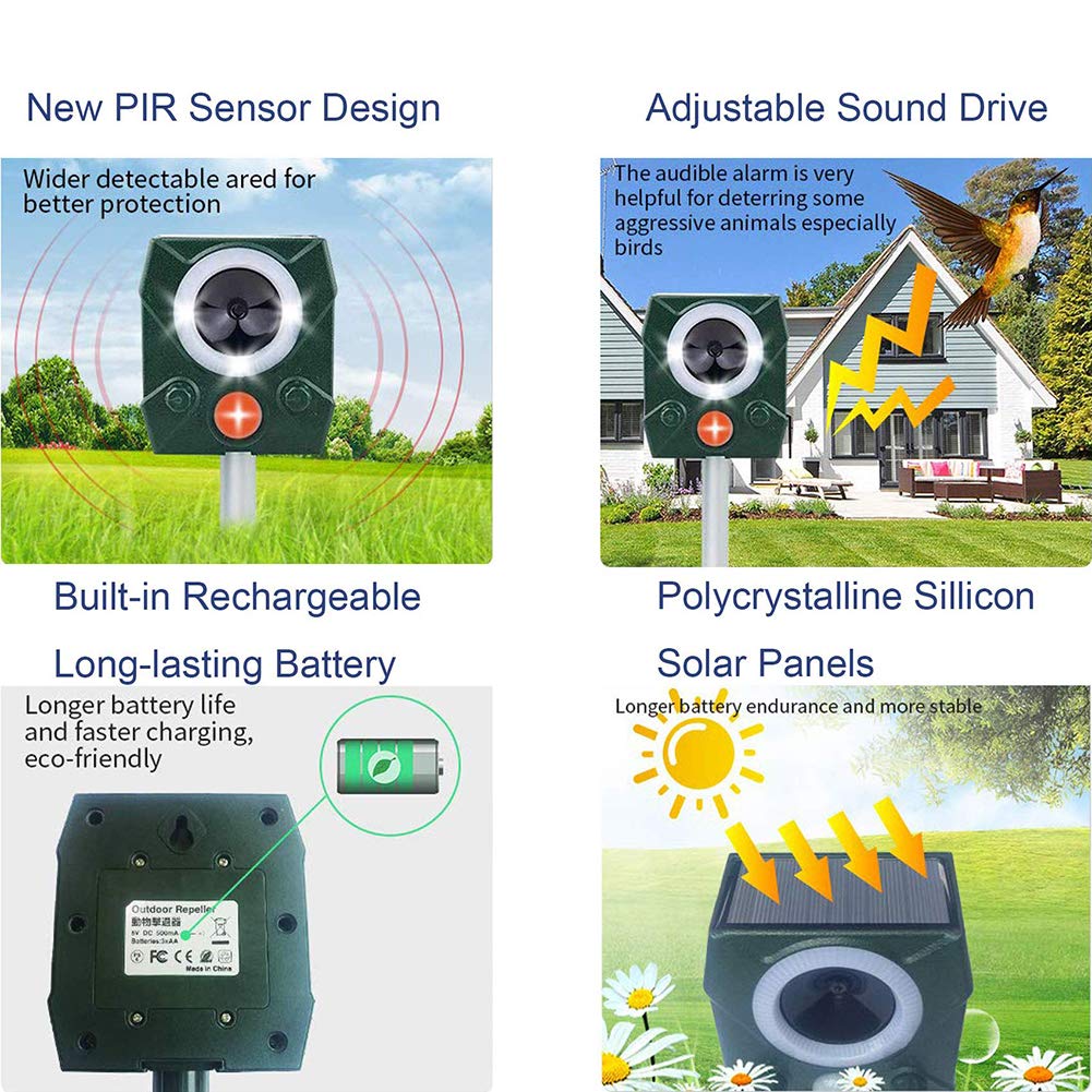 ERNZI 2 szt., Cat Ultrasonic Solar, Odstraszacz zwierząt Ultradźwiękowy Flash 5 Tryb regulowany z wbudowaną baterią litową, Wodoodporny środek odstraszający zwierzęta do ogrodu