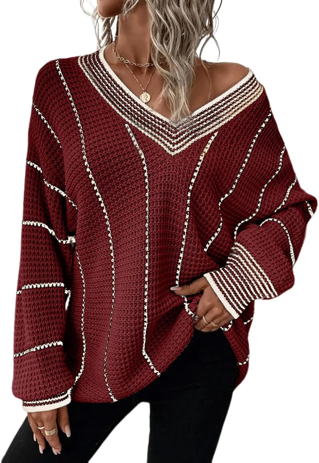 ZOCANIA Womens Fall Fashion 2024 V Neck Knitted Striped Sweater Women Long Sleeve Tunic Fall Sweaters Pullover Jumper Tops