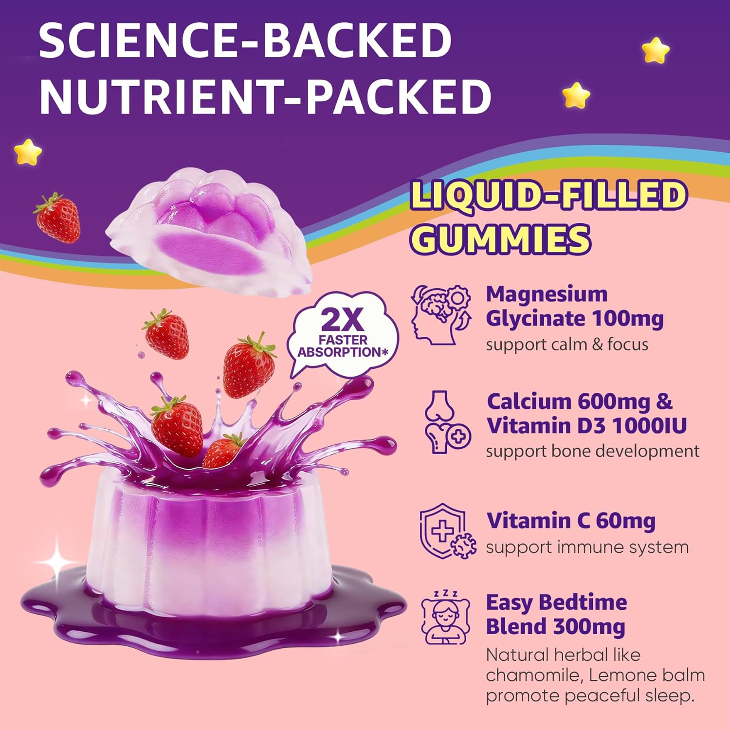 Kids Sleep Gummies - Magnesium Glycinate for Kid, Melatonin Free Nighttime Gummies | with Vitamin C for Immune, Calcium & D3 for Growth | GummieJel Liquid-Filled Melatonin Alternative, 60ct - Image 4