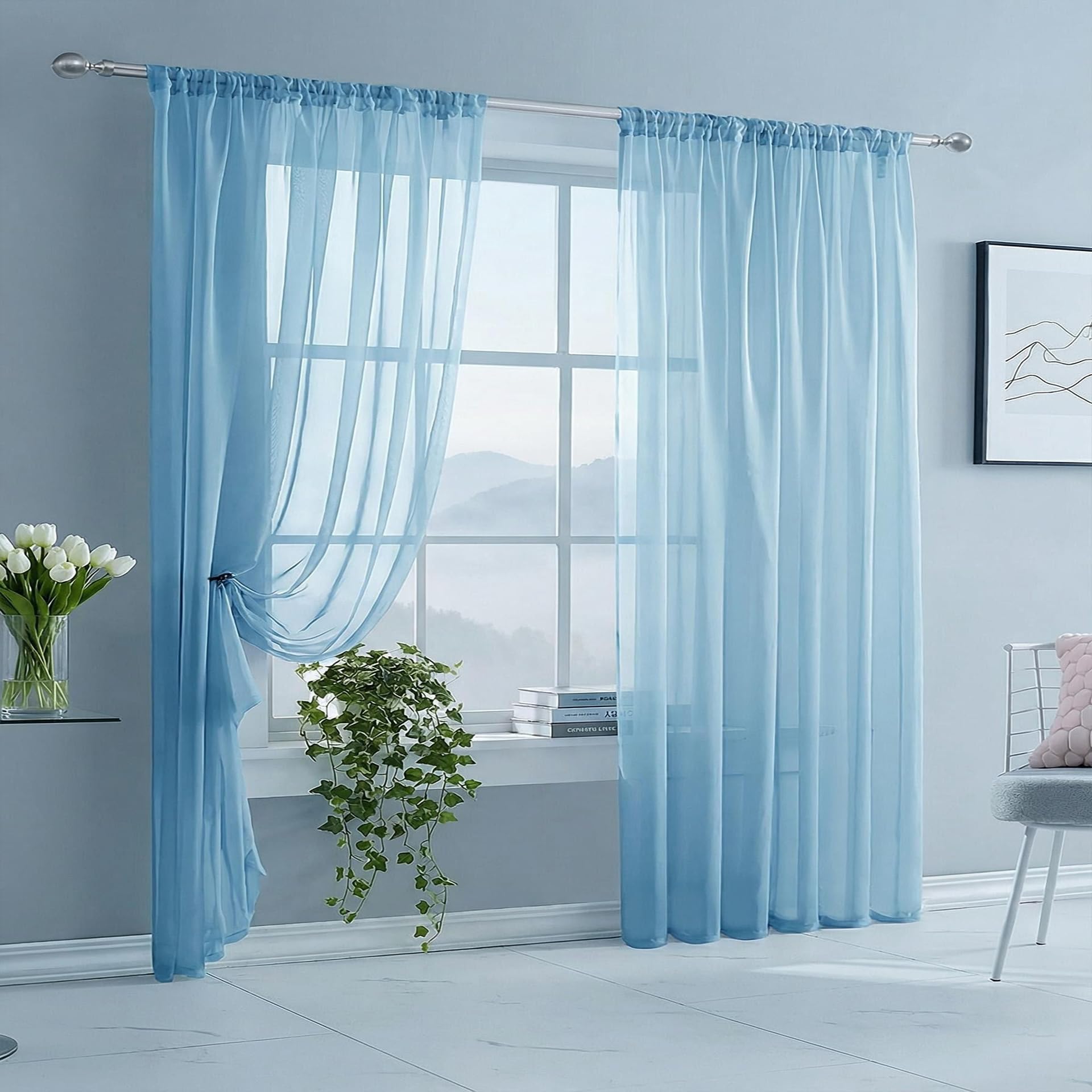 AMZYU Sheer Curtains for Living Room 210 x 130 cm Light Filtering Sheer Window Curtains Airy & Lightweight Elegant, Machine Washable for Bedroom Patio Door, Sky Blue