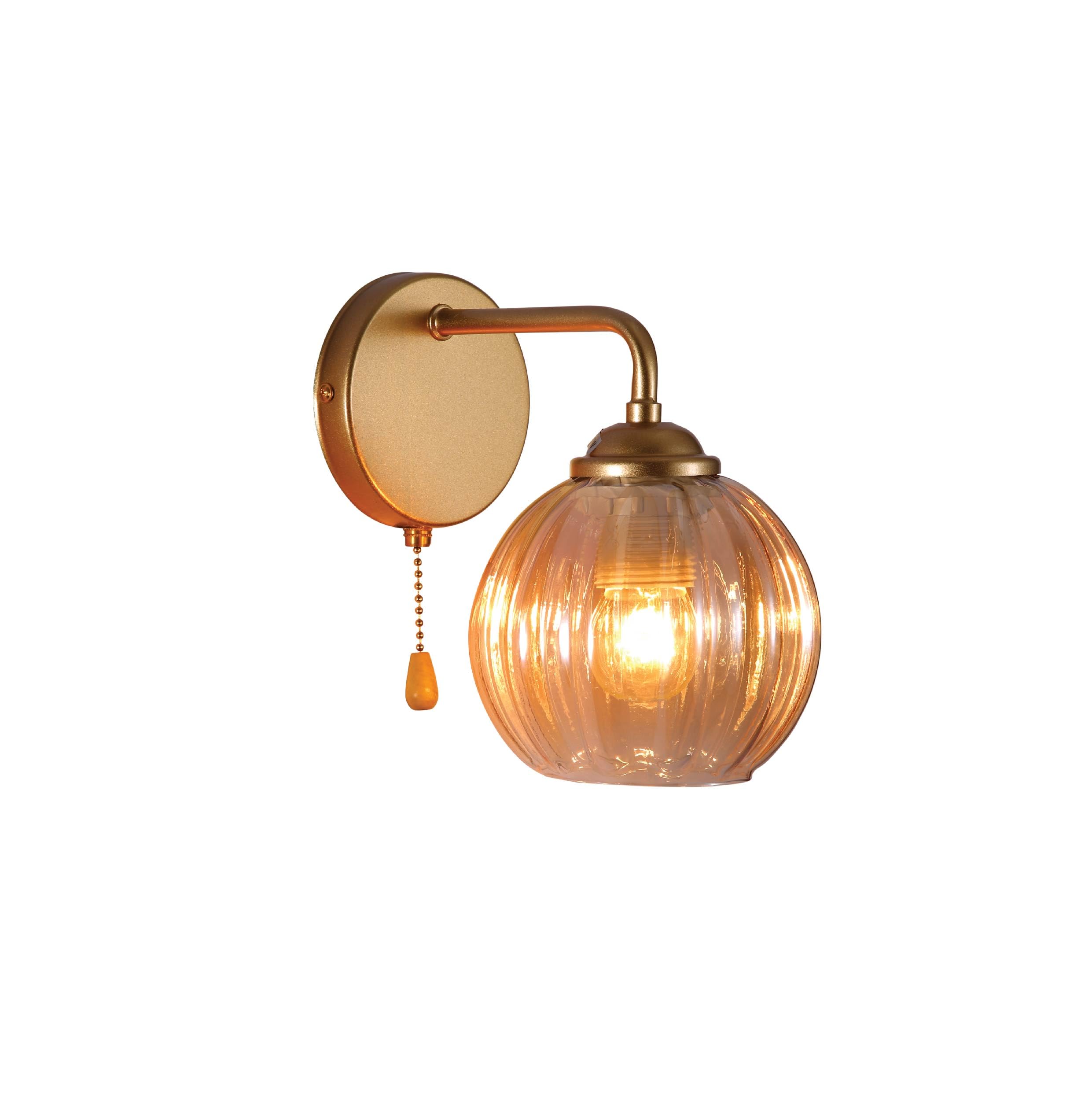 TEKLED myHome Amber Reeded Glass Wall Light with Pull Down Switch | Vintage Gold Wall Lamp | E27 Fitting | Indoor Lighting for Bedroom Living Room Hallway Café Bar (Bulb Not Included)