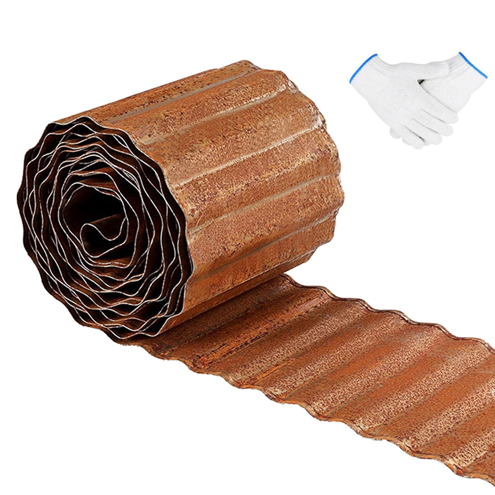 6Inch x 20FT Metal Lawn Edging Borders, Garden Edging Border, Corrugated Corten Steel Lawn Edging, Pre-Rusted Flexible Long Strips DIY Edging with Gloves, for Lawn, Flower Bed, Garden Fence
