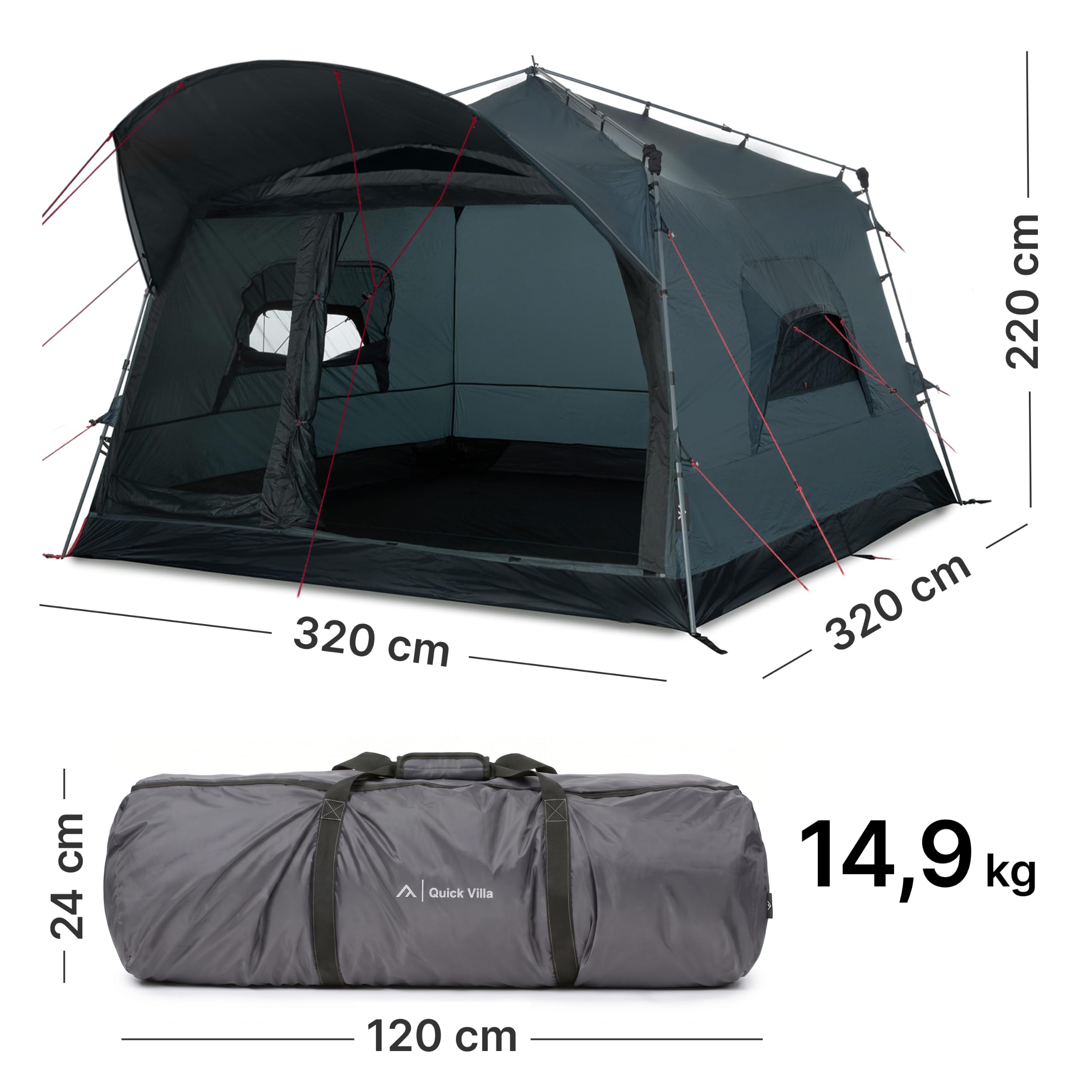qeedo Quick Villa Familienzelt (für 4 oder 5 Personen) mit Quick-Up Schnellaufbau-System - Wasserdichtes Campingzelt, extra groß, hoch & geräumig, mit Vordach, Eingang & Fenster mit Mesh-Moskitonetz