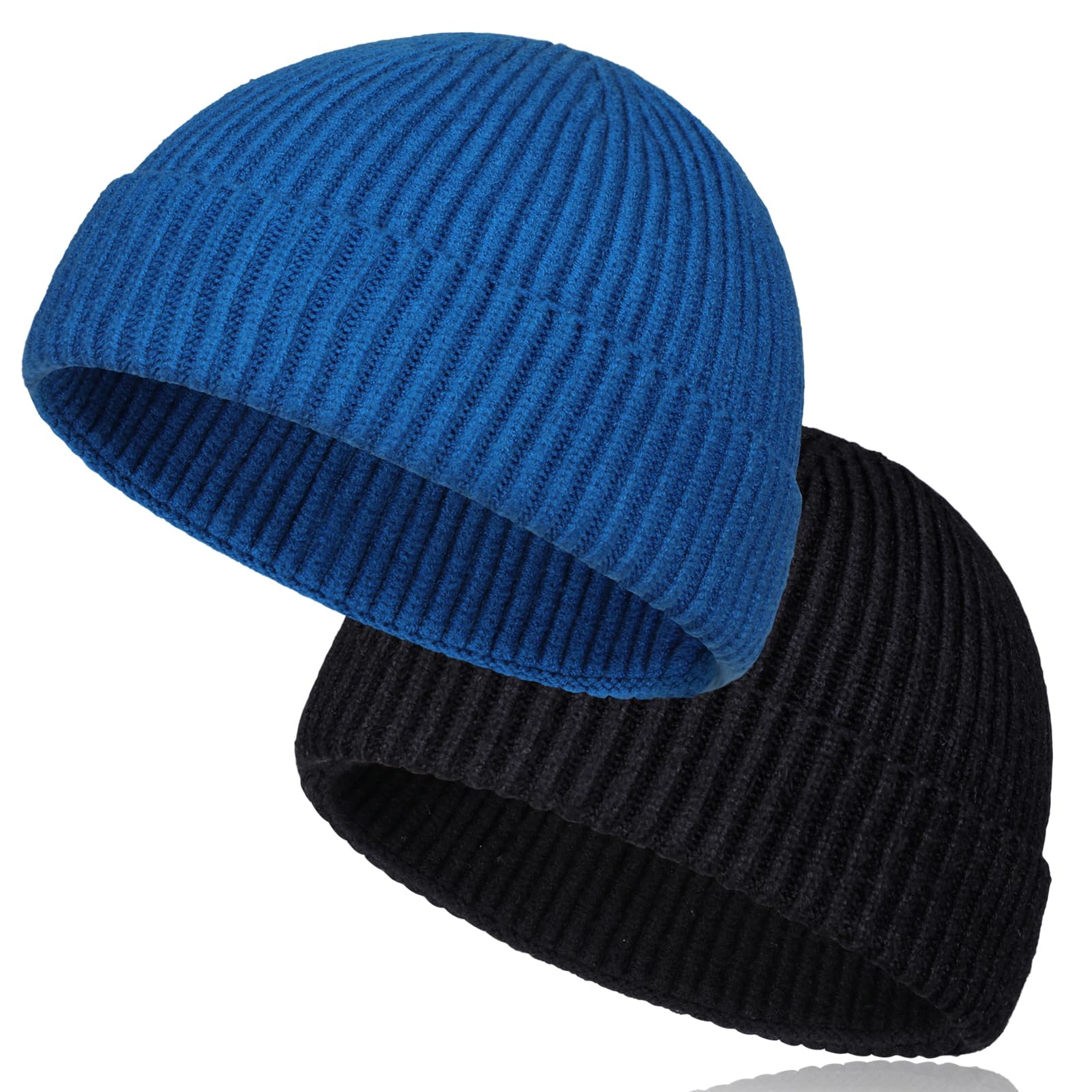 Tsknomo Men's Black+Aquamarine 2 Pcs Wool Short Fisherman Beanie For Soft Knit Cuff Trawler Beanie Caps Winter Warm Hats For Wo