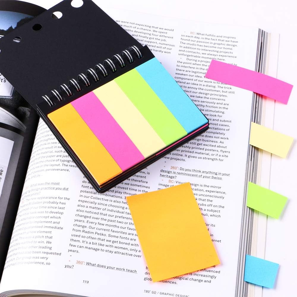 Eagle Neon Colored Sticky Notes, Page Markers, Paper Tabs, 4 Different Sizes Total 200 Sheets, Spiral Bound with Black Cover, Assorted Colors, Set of 1