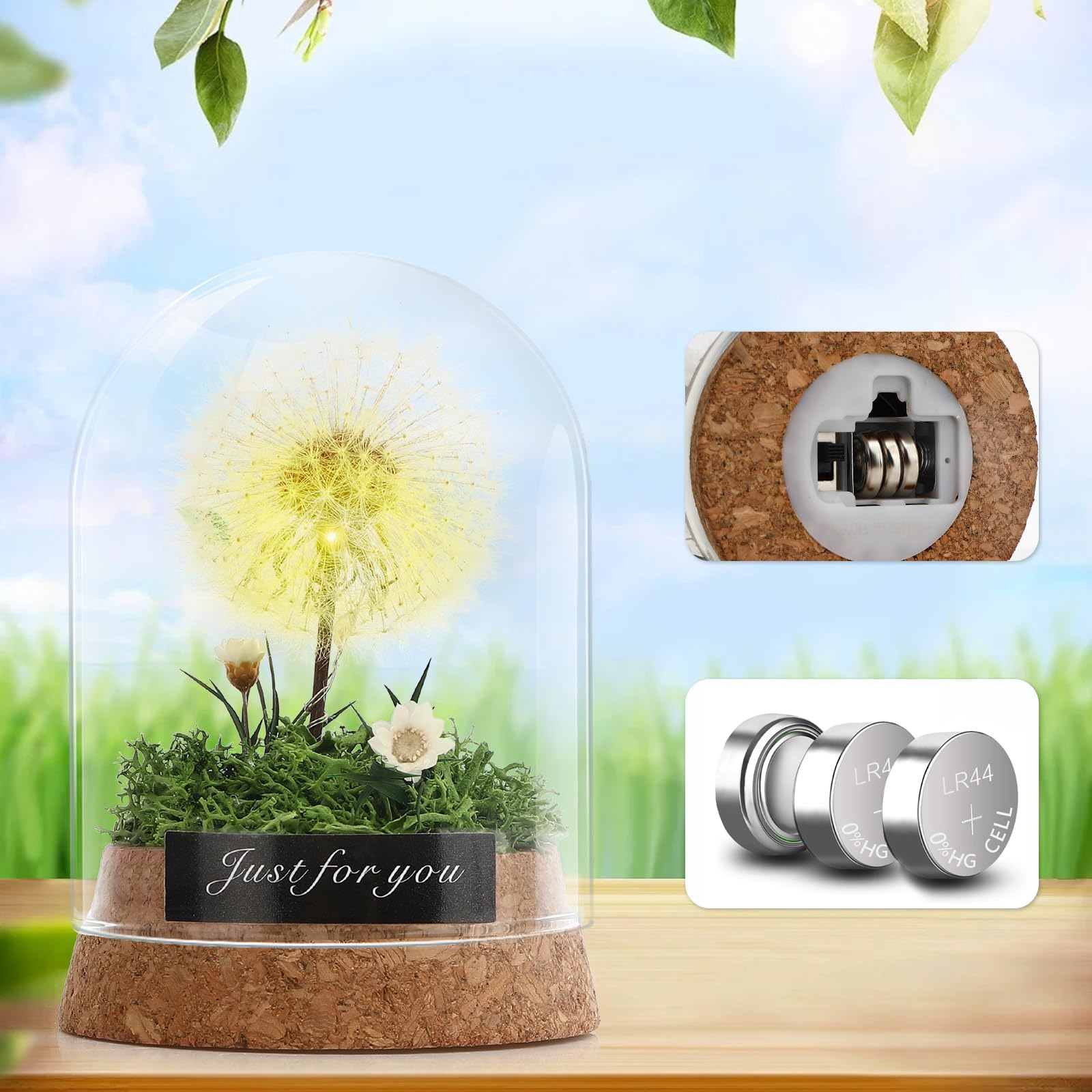 Vetro Fiore Desiderato Dente di Leone con Luce LED Regalo Decorativo Verde Smeraldo
