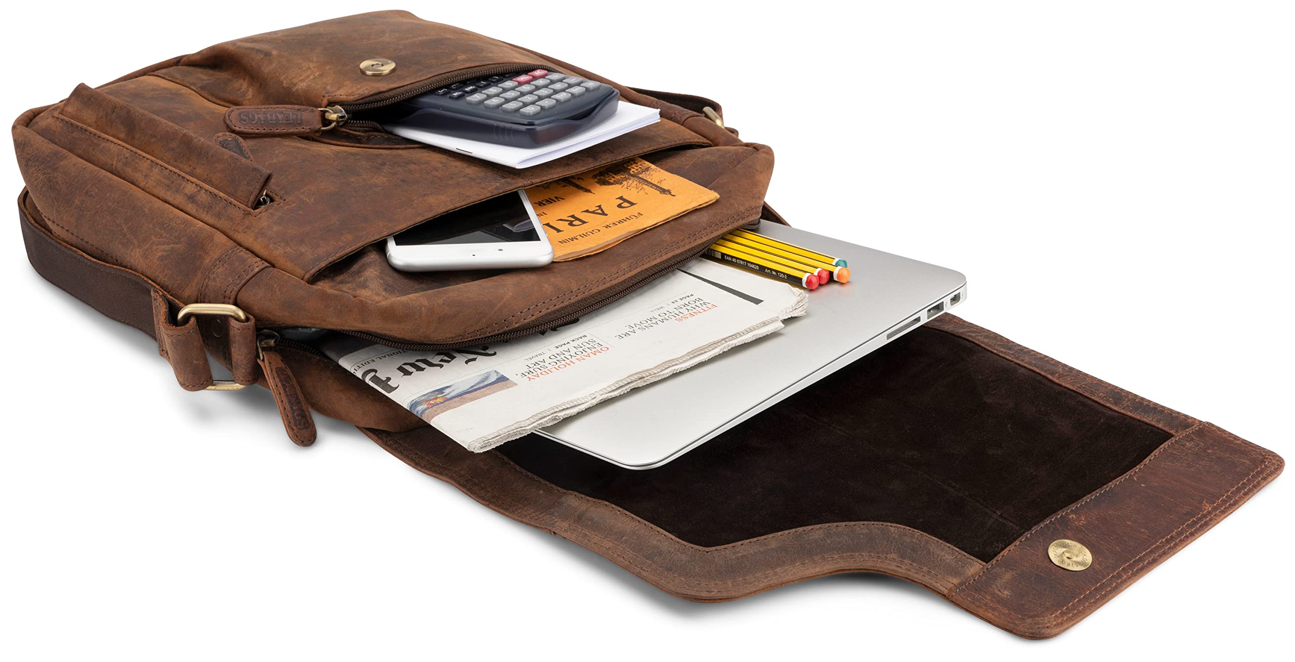 LEABAGS Leder Umhängetasche Herren & Damen I Echtleder Laptoptasche bis 13 Zoll I Messenger Bag mit Schultergurt I Schultertasche I Arbeitstasche I Tragetasche I Handtasche I Vintage Rotbraun