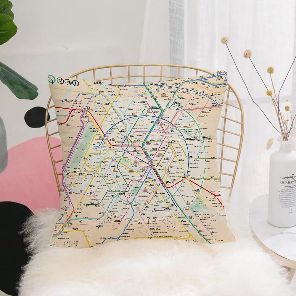 Hyosxw Metro Subway Or Underground Transport System - A4 Cushion Cover,Throw Pillow Case Home Decorative For Living Room Bedroom Sofa Chair 18X18 Inch,Metro Subway Or Underground Transport System Map Urban City Metro Station Line,Pillowcase 45X45cm