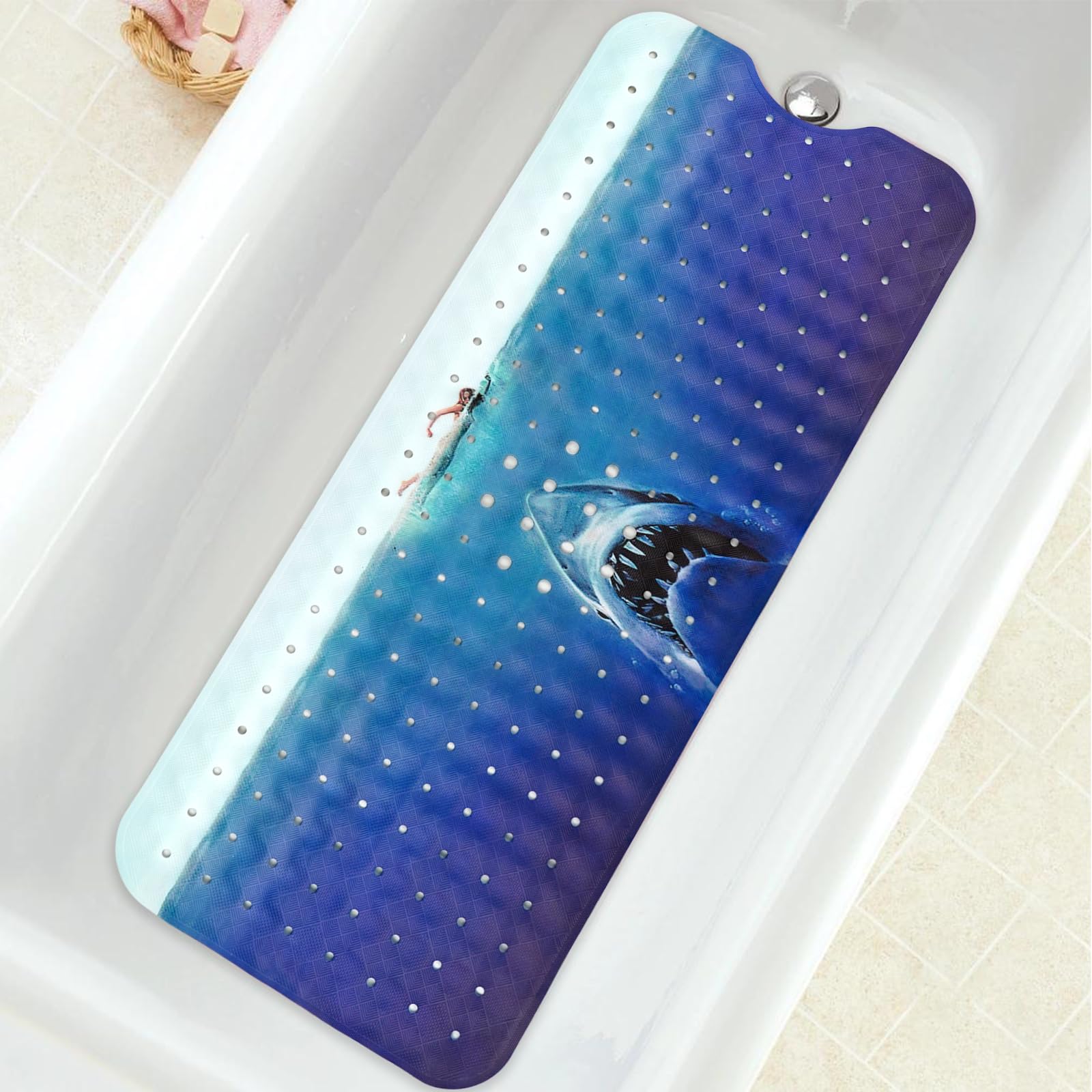 Bathtub Mat Non Slip, Shark Extra Long Bath tub Mat Shower Floor Mat with Suction Cups and Drain Holes for Adults Kids Elderly 40 X 16 Inch