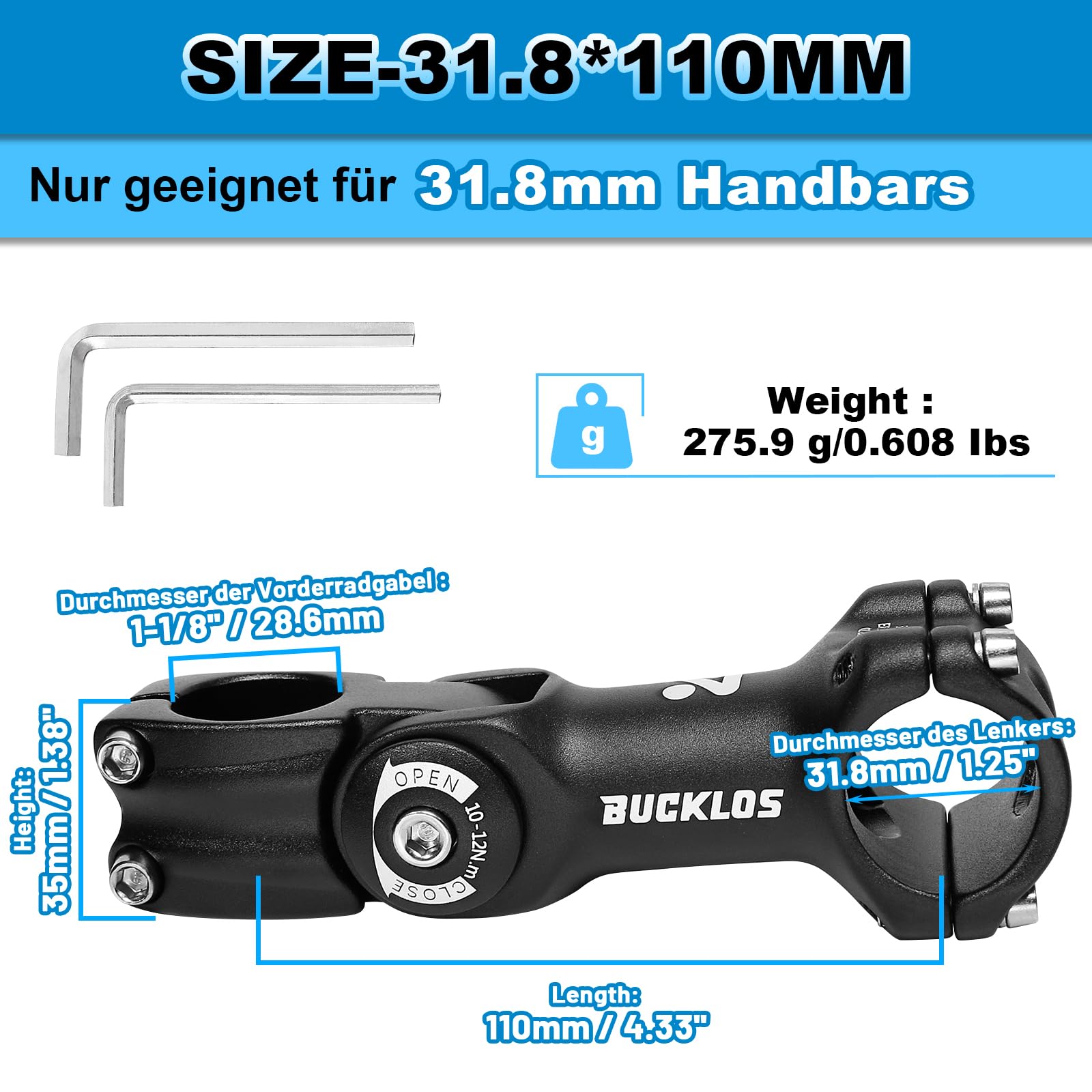 Fahrradlenker Vorbau, Lenkererhöhung Fahrrad 31.8 * 110mm,Fahrradvorbau-Riser zur Winkelverstellung,Fahrrad Lenker Erhöhen für MTB