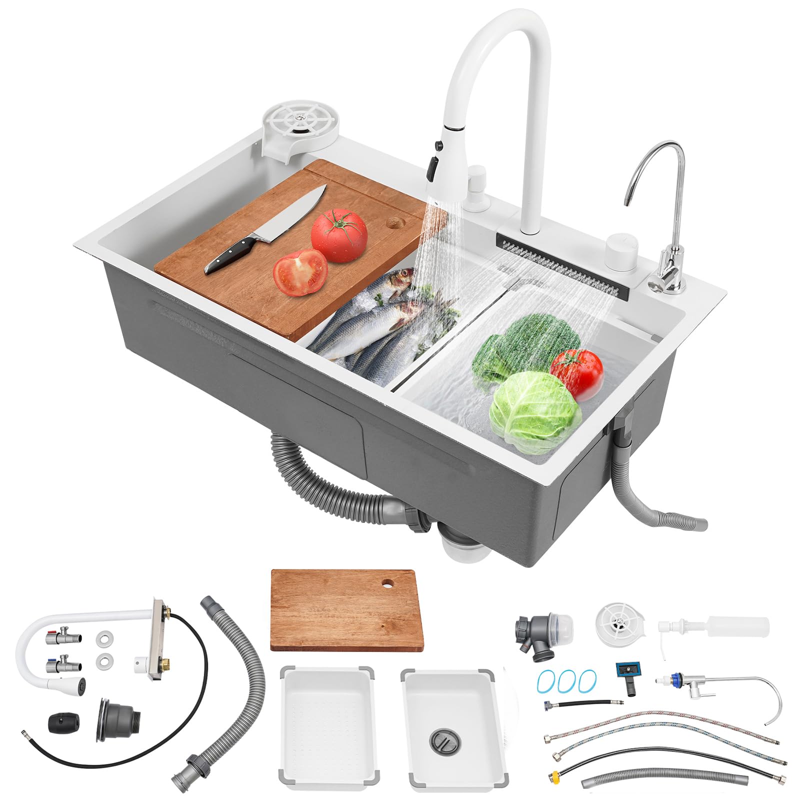 Fregadero de cocina cascada de acero inoxidable, 80 x 46 cm, 1 seno, multifunción, con grifo extraíble, juego completo de accesorios (blanco, 80 x 46 x 22 cm)