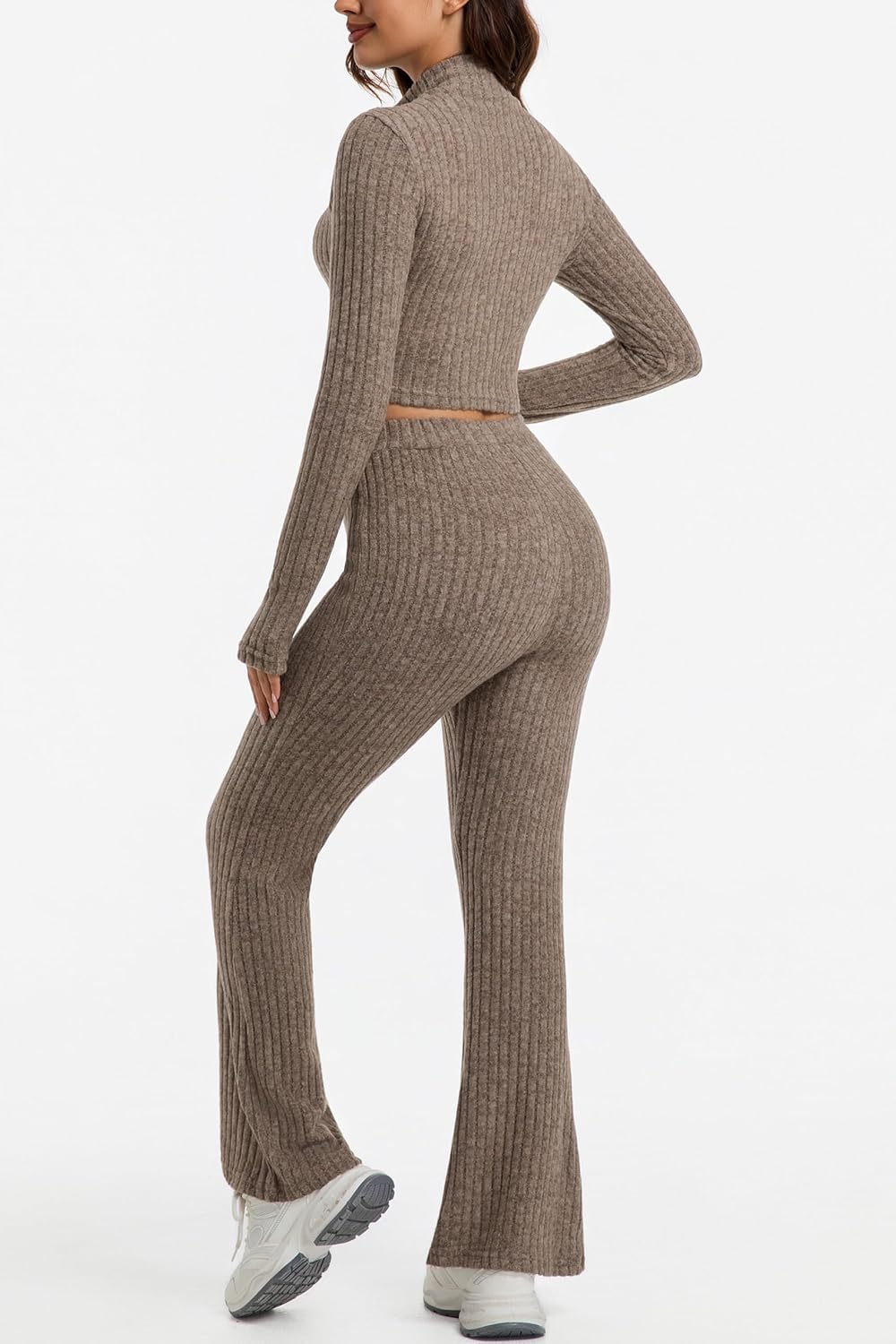 Womens 2 Piece Ribbed Knit Lounge Set Zip Up Crop Top High Waisted Flare Pants Cozy Fall Winter Matching Outfits - Image 3