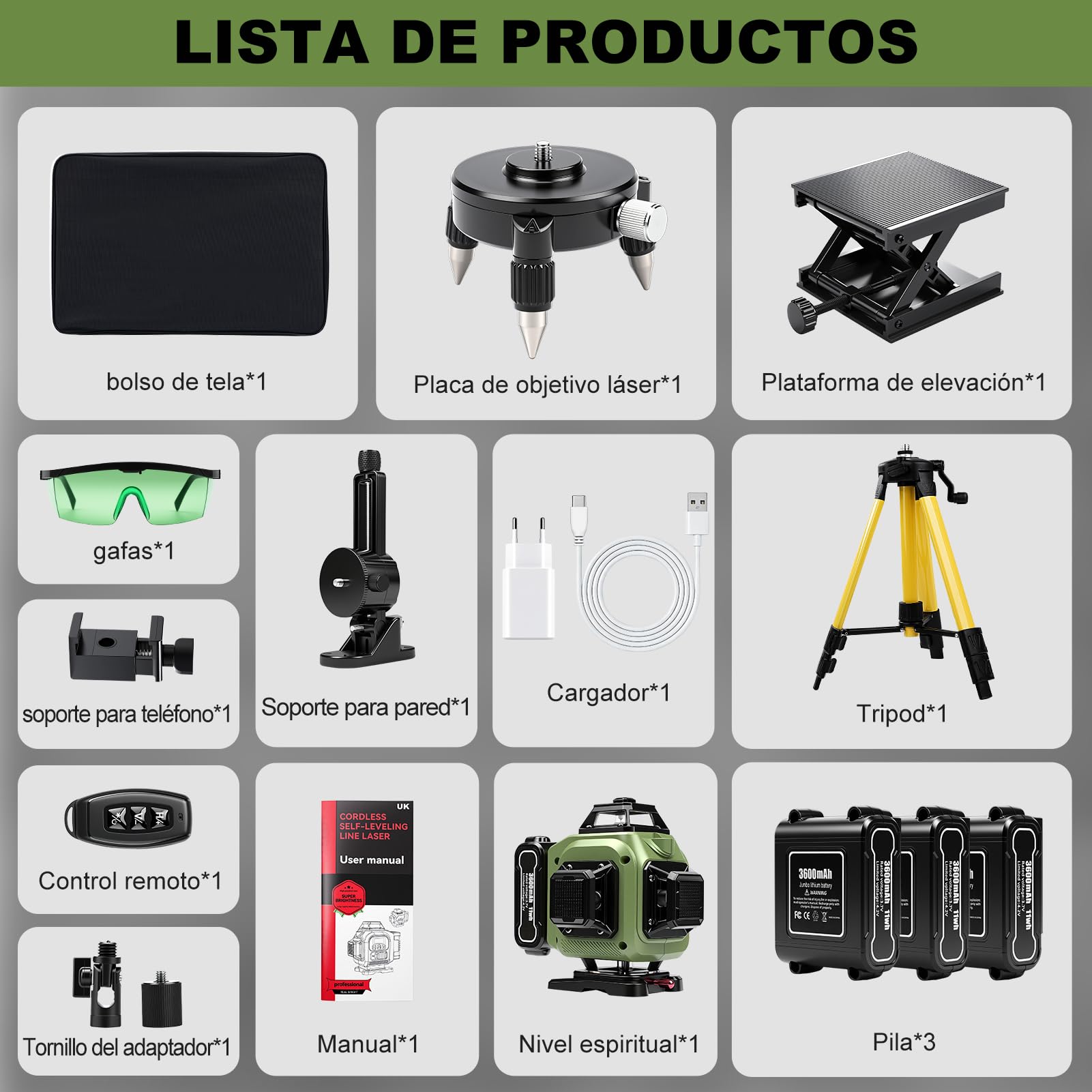 Nivel Laser Autonivelante 360 Grados, Nivel Láser Verde 16 Líneas, 4 x 360°Nivel Láser para Interior y Exterior, 3 x 3600mAh Batería, con mando a distancia y trípode, impermeable IP54
