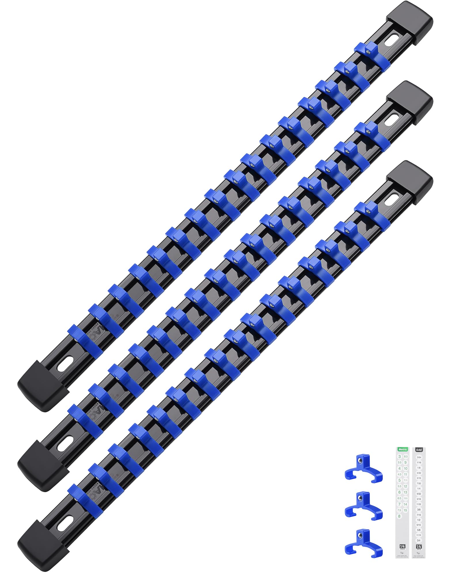 ALOANES 3PC ABS Socket Organizer, Socket Rails Fit 1/4 inch Drive, Heavy Duty Socket Holders Hold up to 48 Sockets, for Toolbox Drawer and Case(Blue)