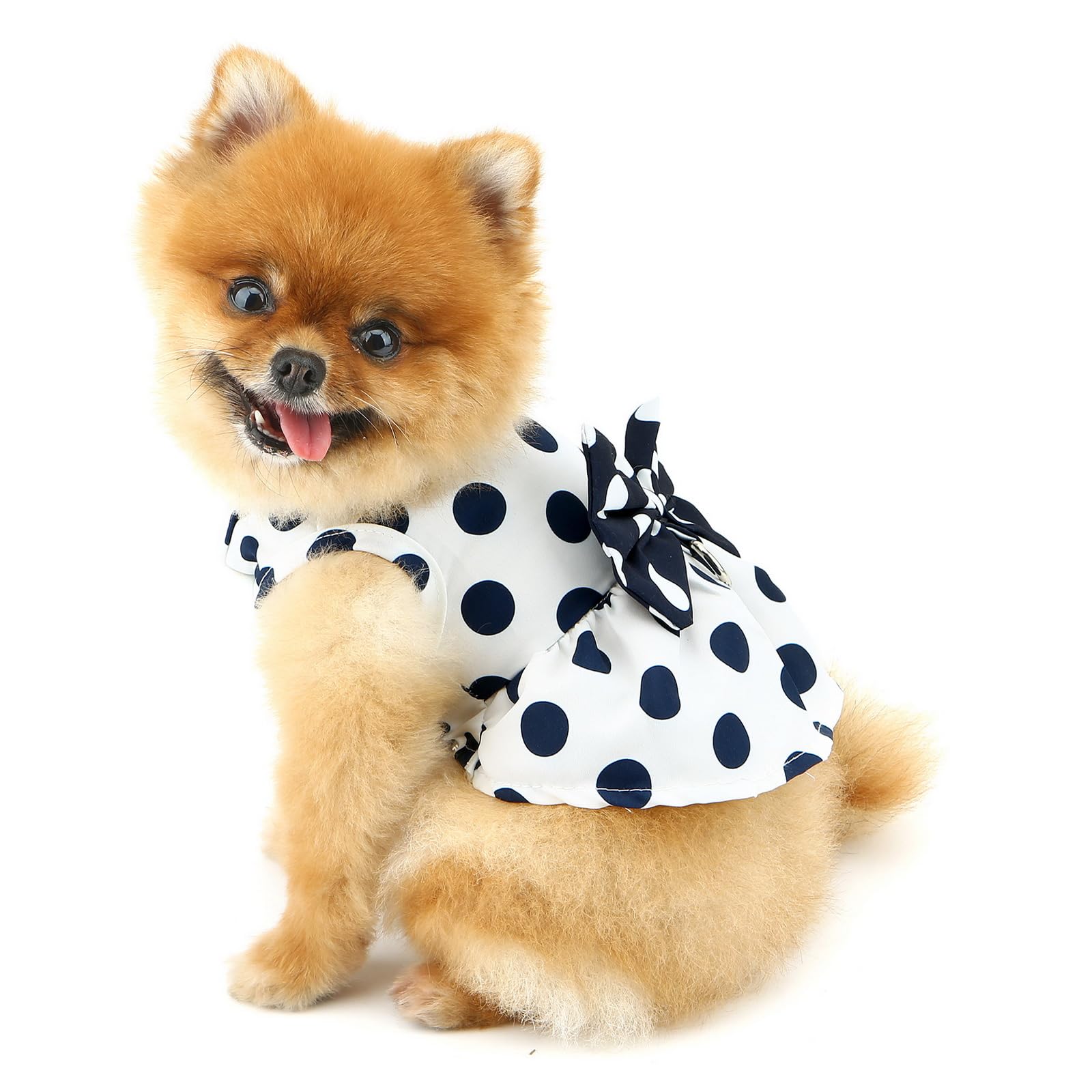 PAIDEFUL Dog Harness Dress,Retro Bow Princess Dresses for Small Dogs Cats Fashion Polka Dot Puppy Pleated Skirt Soft Lightweight Doggy Sundress Button up Chihuahua Clothes Costume D-ring,White,M - Image 3