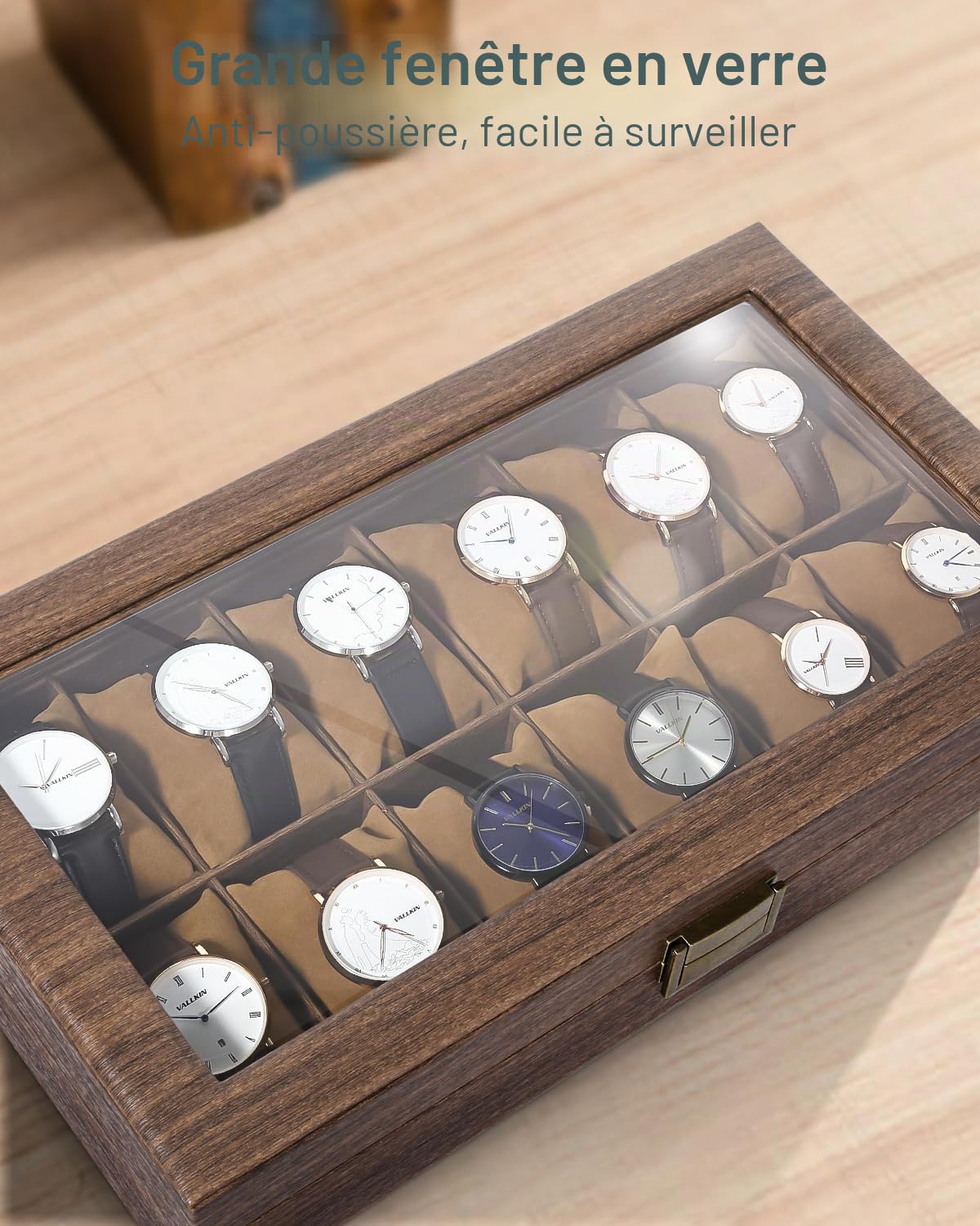 Uten Boîte à Montres avec 12 Compartiments, Vitrine de Montres, Boîte de Rangement pour Montres avec Coussin Amovible, Grain de Bois