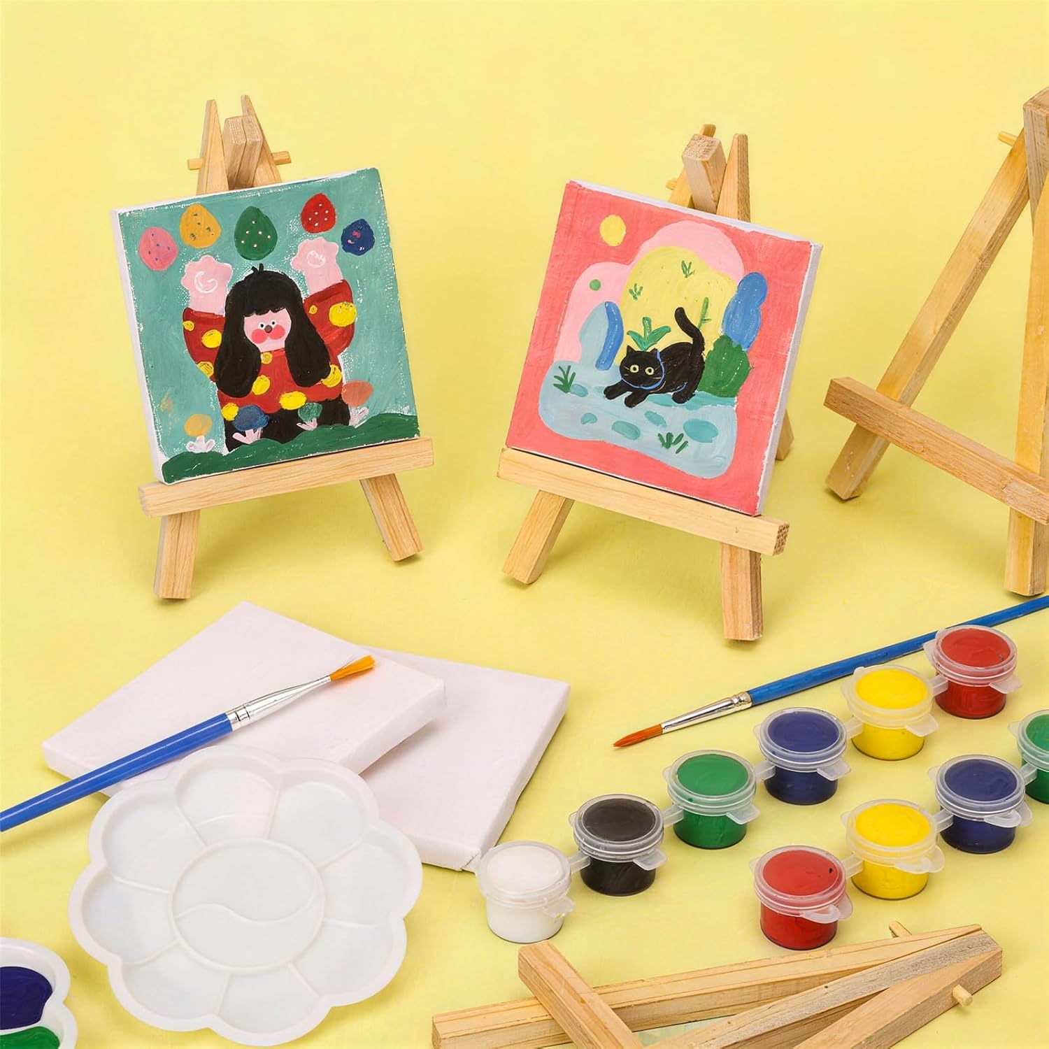 Unmasalu 18 Set Mini Acrylic Paint Kit,Comprising Stretch Canvas, Wooden Easel, Acrylic Paint Sticks, Palette, Flat and Round Pointed Brush, Art Set for Kids Classroom,Party, Festival Favors