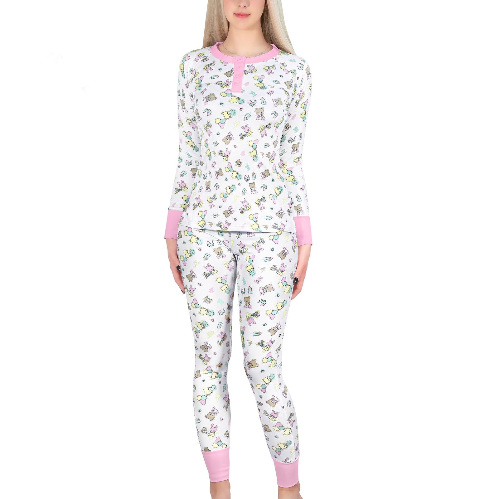 Littleforbig Women's Silky Long Sleeves Cozy Breathable Baby Cuties Pajamas Set Two - Piece Soft Stretchy Sleepwear