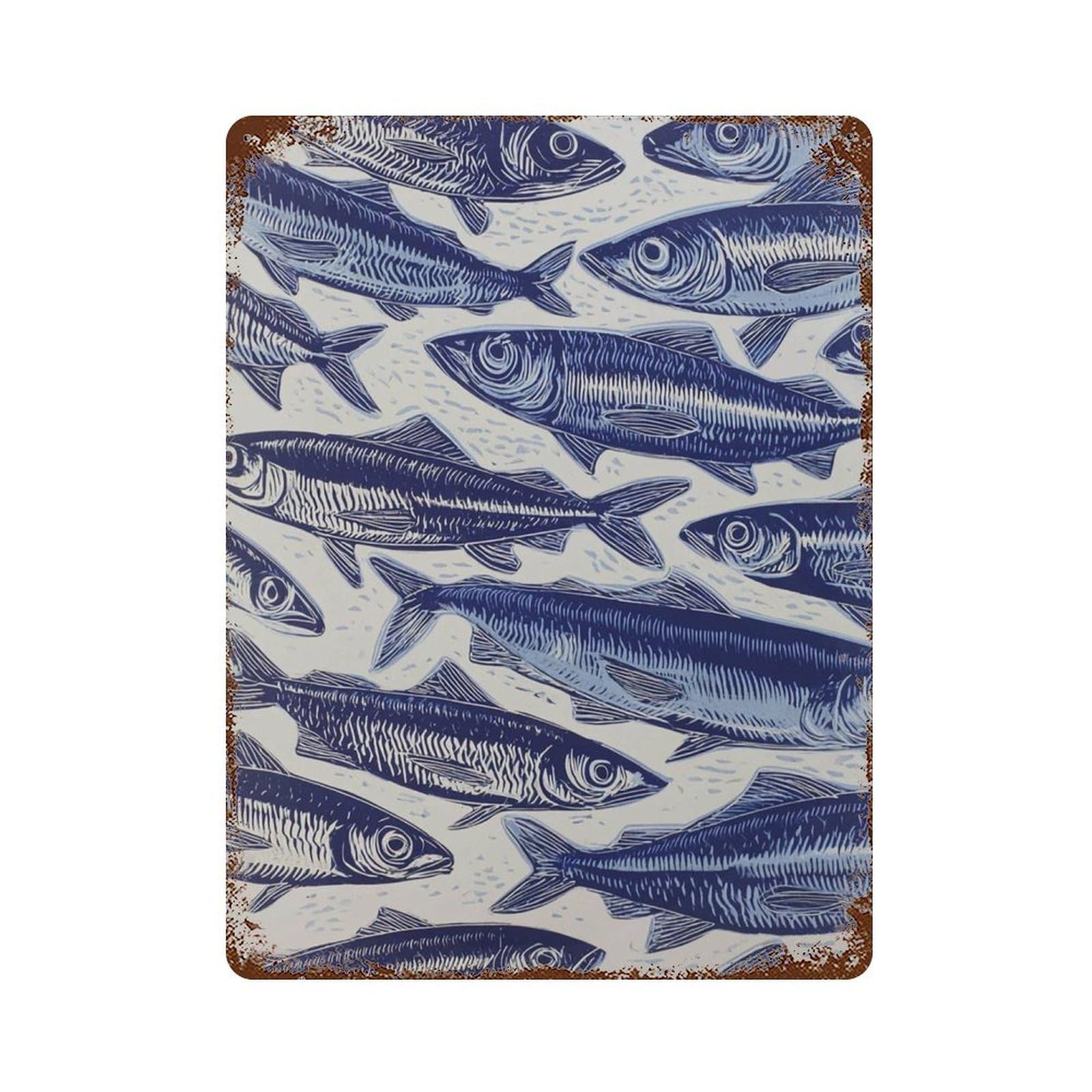 xiaoxiaoshen Fish Blue Sardines Nautical Kitchen Coastal Ocean Seafood Sea Life Pattern Wall Decor Art Metal Tin Poster Modern Home Decor Art Home Bar Shop Decorations Vintage Sign 40x30cm