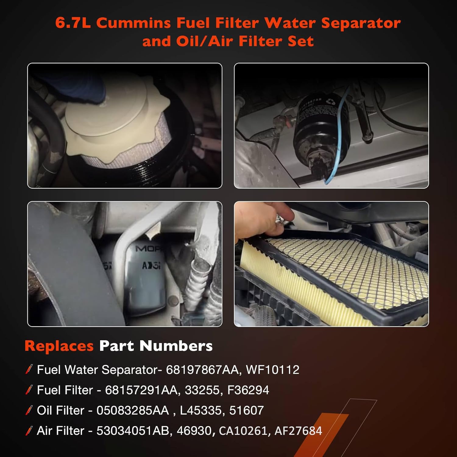 6.7L Cummins Diesel Filter Kit Compatible with 2013-2018 Dodge Ram 2500 3500 4500 5500 Engine Fuel Filter Water Separator and Oil/Air Filter Set Replaces 68197867AA,68157291AA,5083285AA,53034051AB