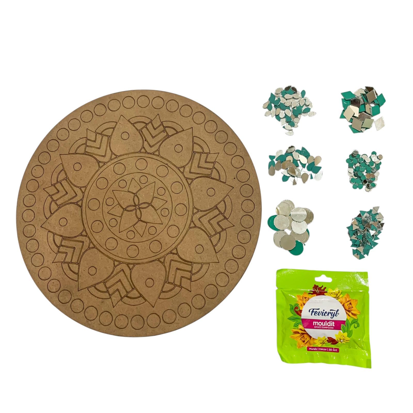 NOZOMI Combo of 6 Mirror Designs (20 Pcs Each) with 12-Inch Rangoli Pre-Marked Flower MDF Cutout Board – Ideal for Lippan Art, Craft Projects, Home Decor, Wall Art & DIY Creativity-image-35